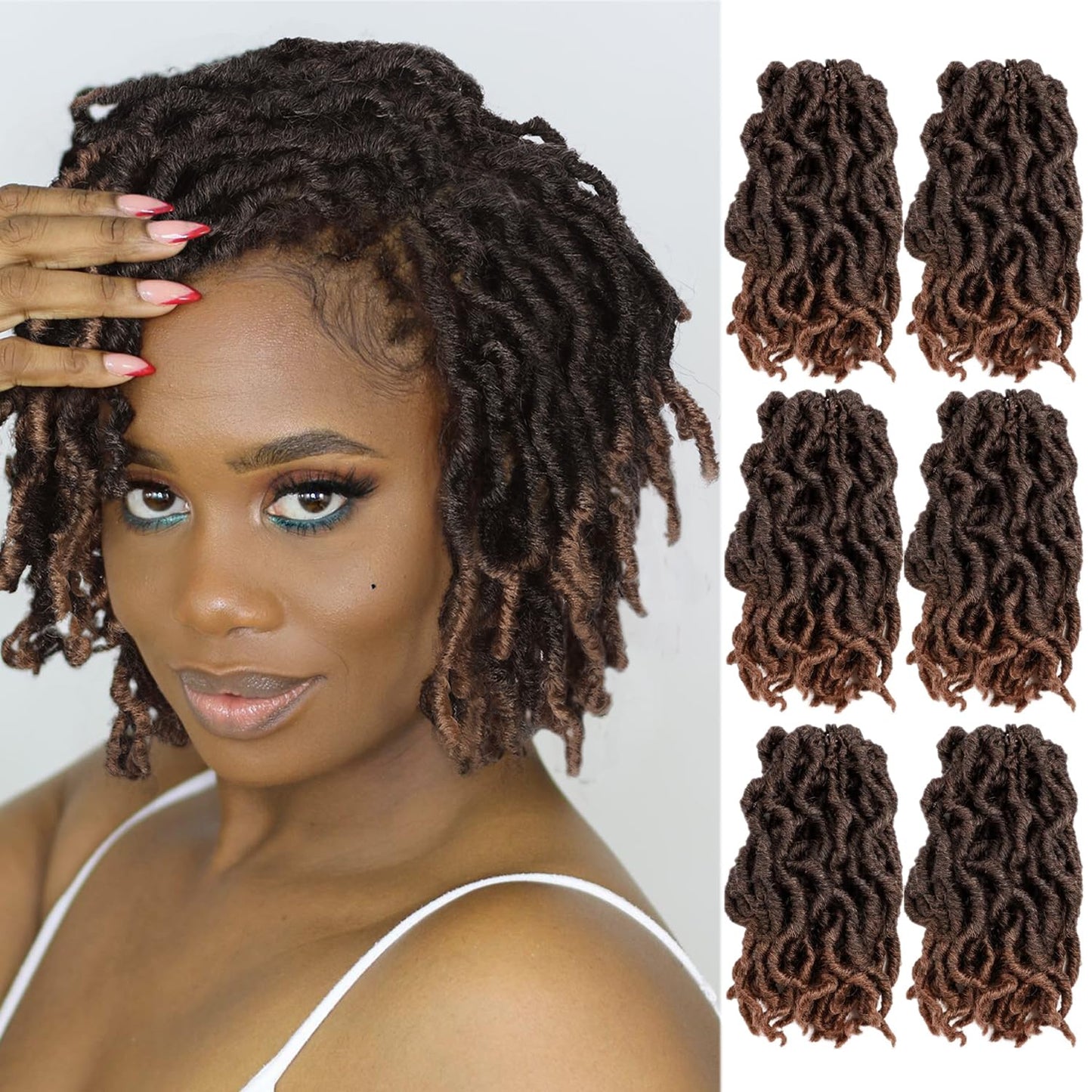 FANCEE Faux Locs Crochet Hair - 8-Inch Short Curly Dreadlock Extensions for Black Women | Ombre Brown Wavy Braids (6 Packs, 120 Strands)