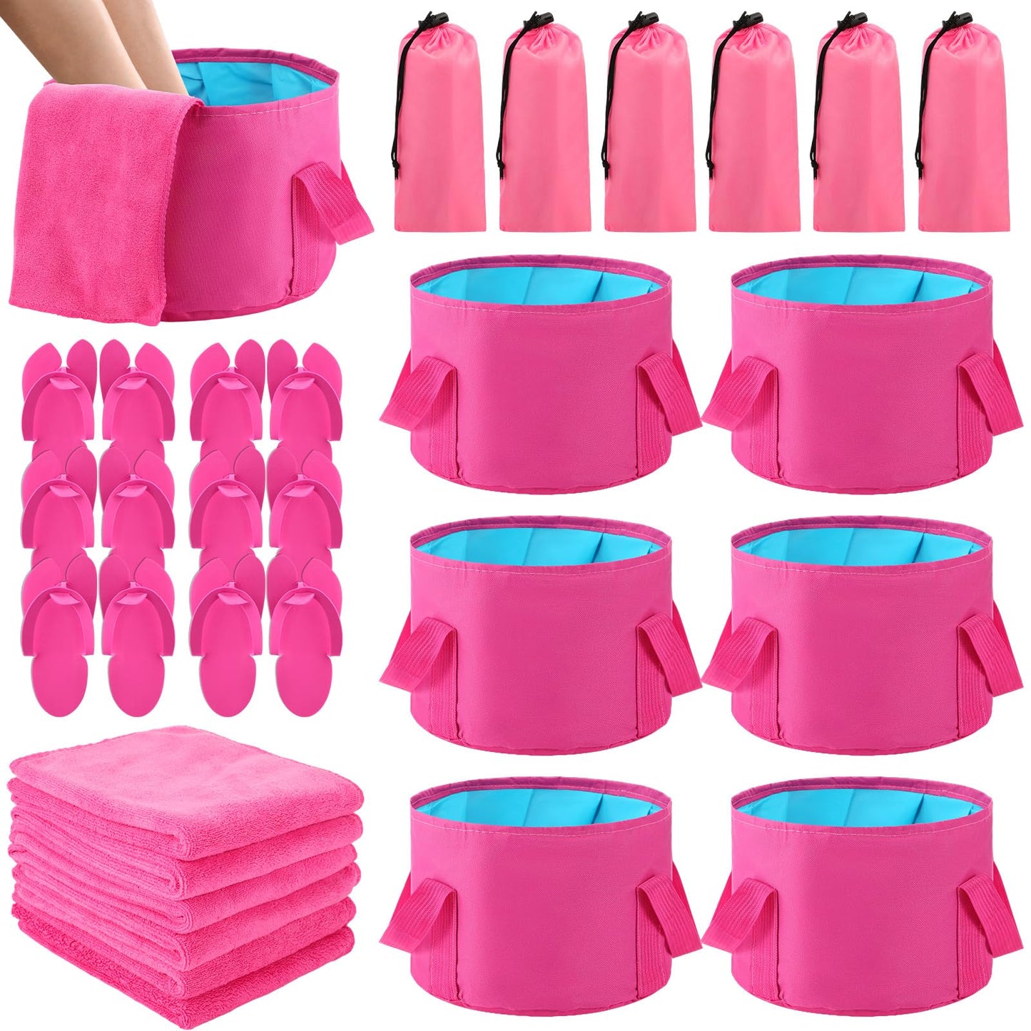 FillTouch 6 Sets Foldable Foot Bath Kit 15L Collapsible Foot Soaking Tub Bathroom Towels Women Adult Foldable Slippers with Storage Bag Spa Soak Pedicure Bath for Travel Camping(Rose Red)