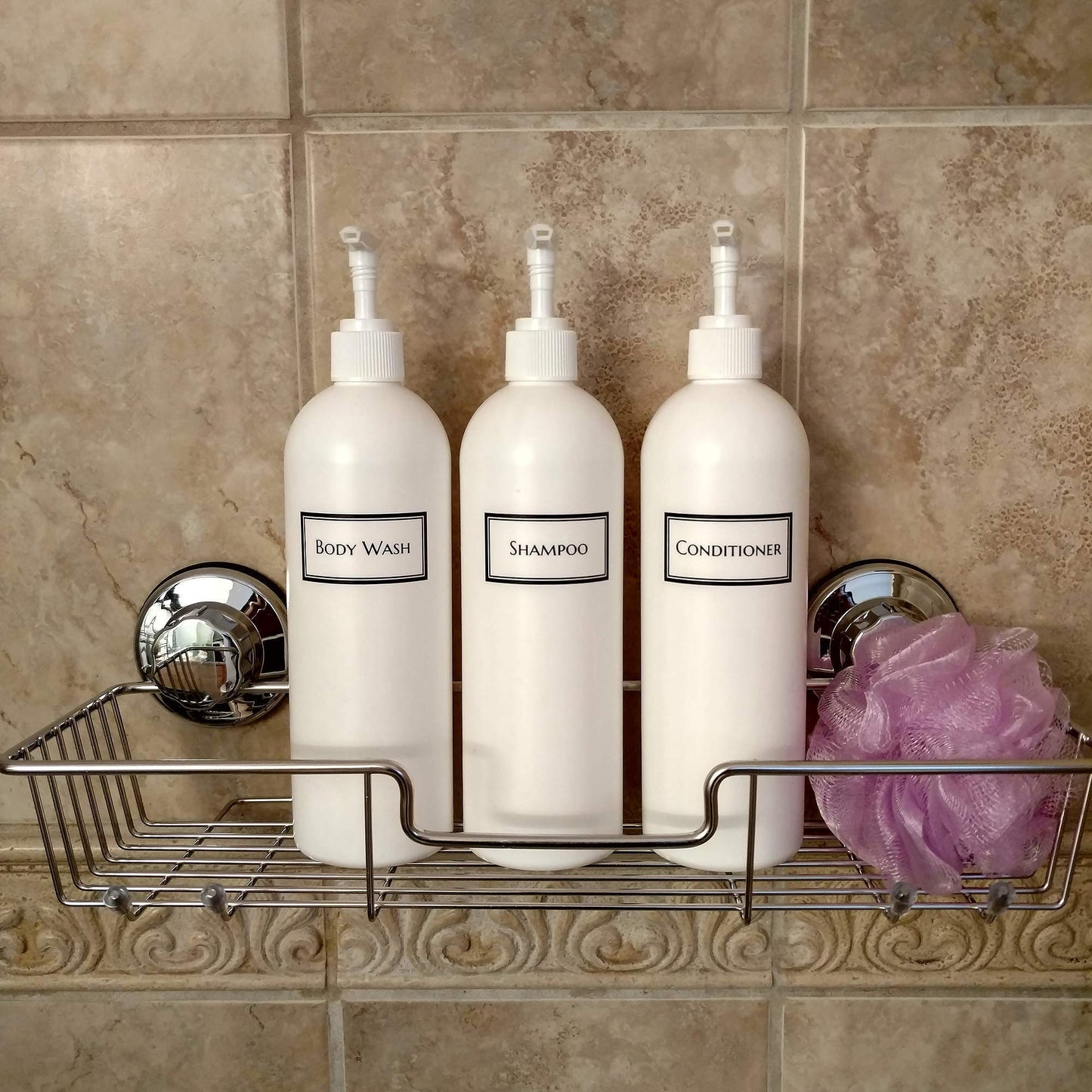 Artanis Home Silkscreened Empty Shower Bottle Set for Shampoo, Conditioner, and Body Wash, Cosmo/Bullet 16 oz 3-Pack, White (White Pumps)