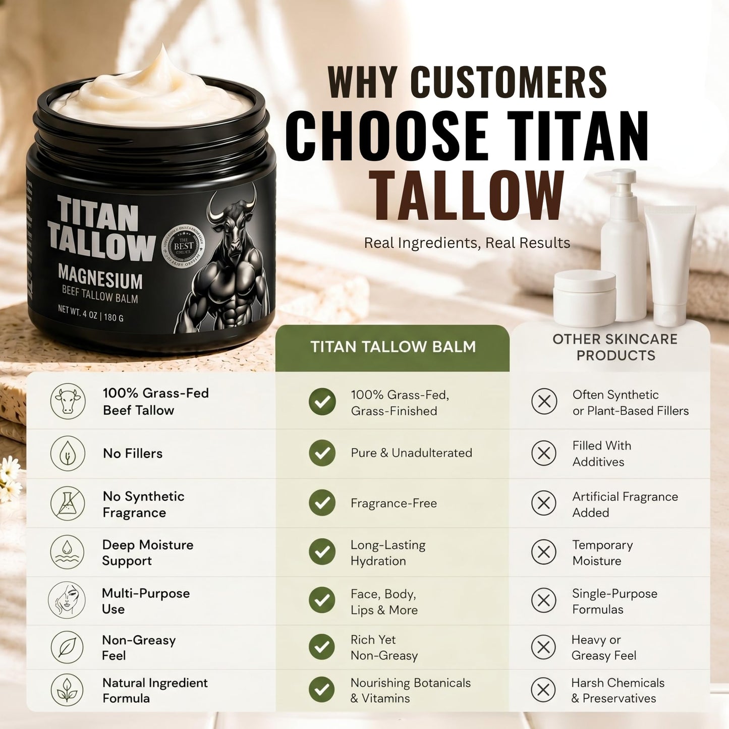 Titan Tallow Balm for Face and Body with Magnesium - Grass-Fed, Grass-Finished Beef Tallow Moisturizer with Manuka Honey, Jojoba Oil, Rosehip Oil, Calendula Extract, and Vitamin E