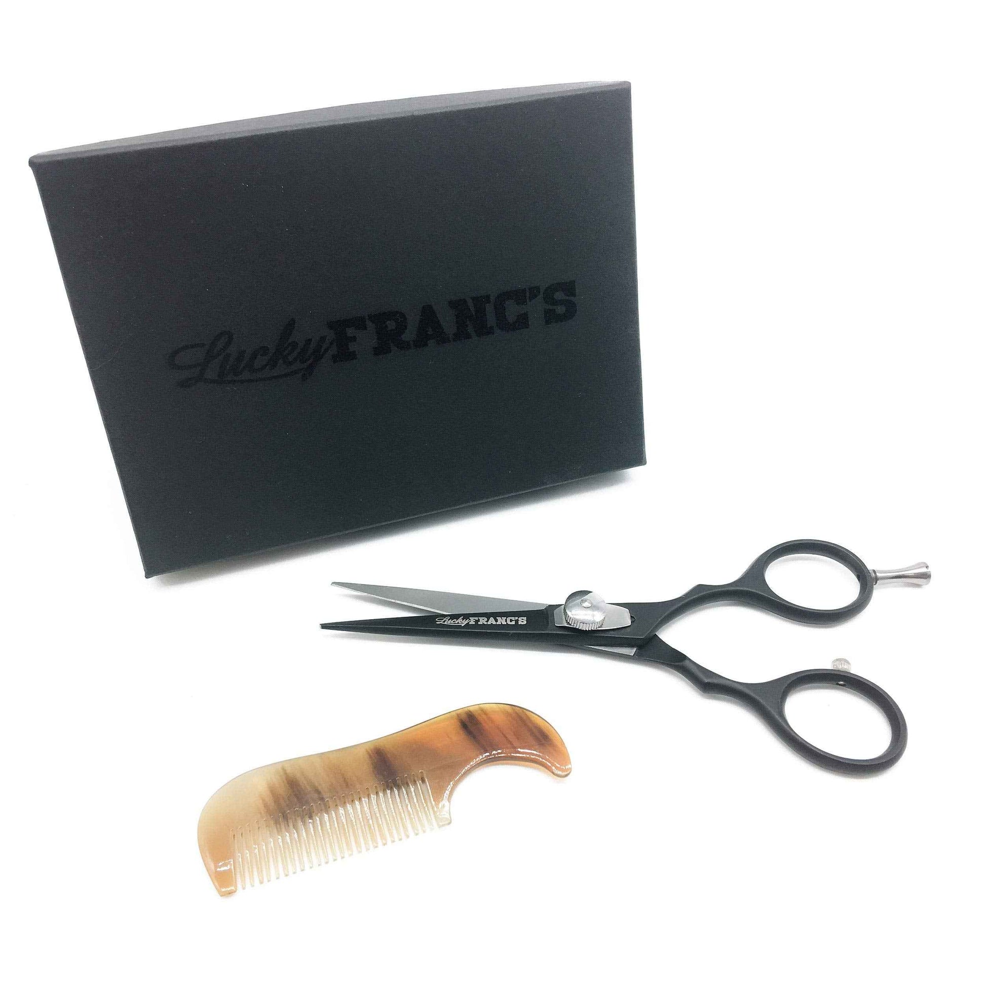Lucky Franc's Beard Grooming Kit with Japanese Beard Scissors & Ox Horn Handmade Mini Beard Combs for Men. Mustache Trimming Kit with Mustache Hair Scissors and Comb for Men. Handmade Beard Care Kit