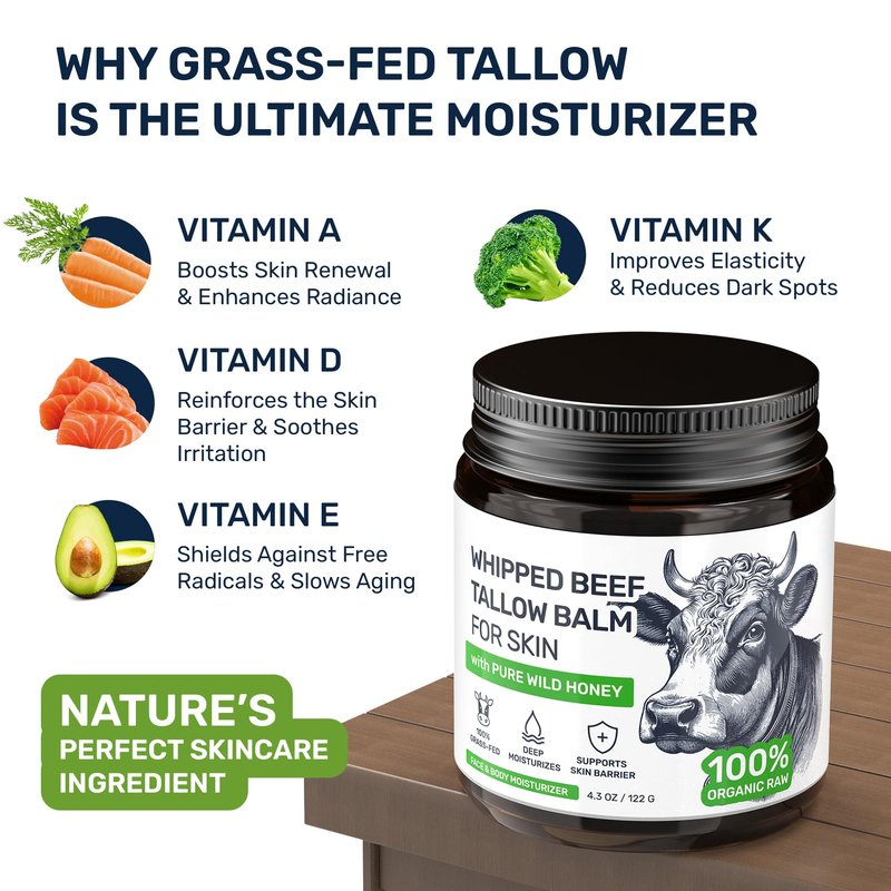 Beef Tallow for Skin - Grass Fed Whipped Tallow and Honey Balm for Face, 3-Ingredient Fragrance Free Beef Tallow for Face and Body with Beeswax - Moisturizer for Dry Sensitive Skin, 4.3 oz