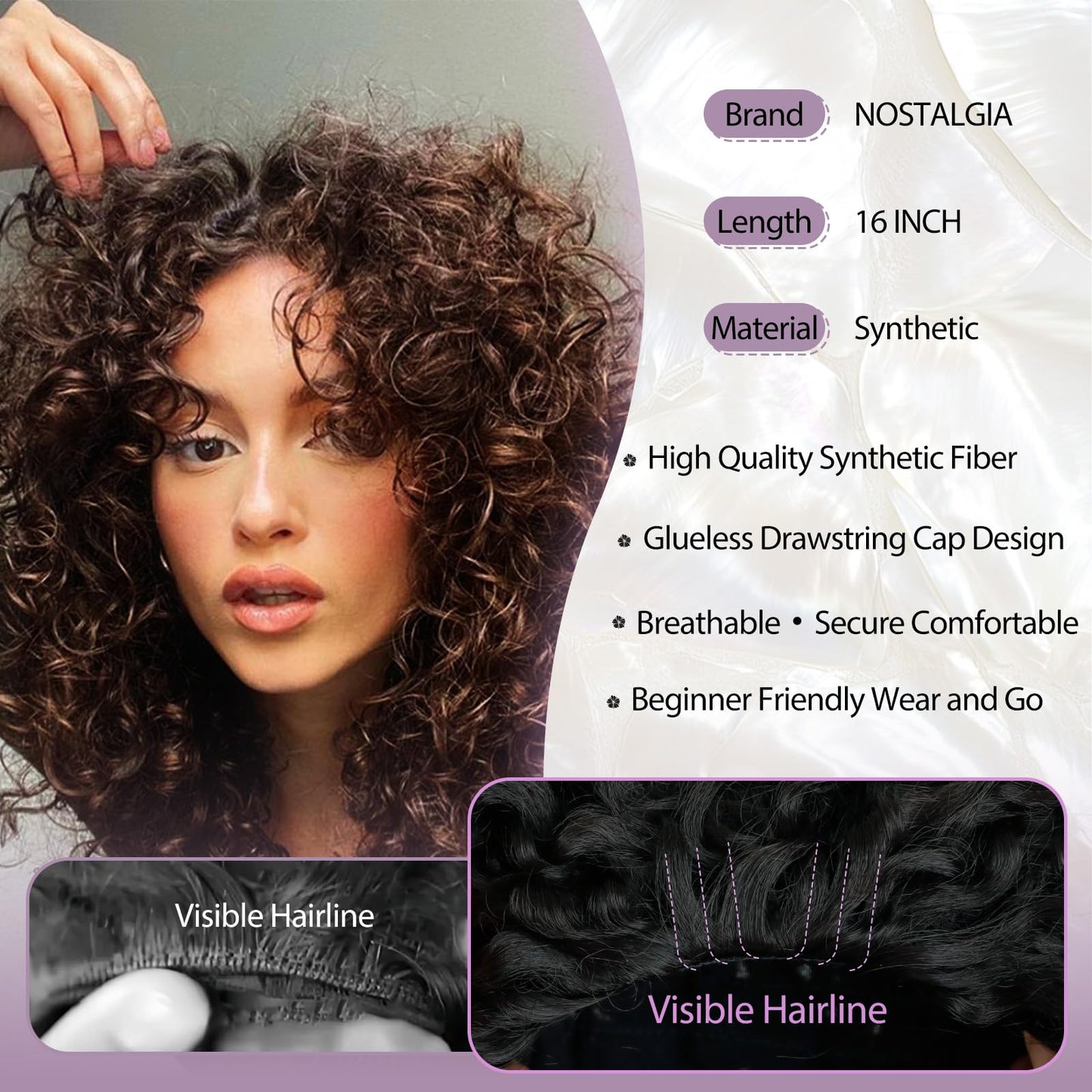 NOSTALGIA Half Wig Kinky Curly Flexi-Fit Invisi 3 in 1 Wigs Flip Drawstring Wig Glueless Synthetic With Natural Density Ready to Go Headband Wig for Women 16Inches(Black Mix Dark Brown 1B/33)