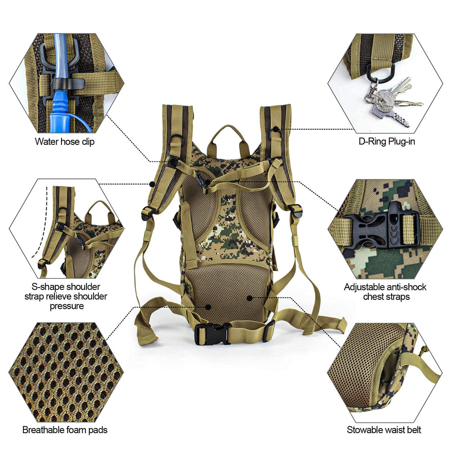 Zavothy Camo Hydration Backpack with 2L Water Bladder Tactical Molle Water Backpack for Men Women Hydration Pack for Hiking Running Climbing