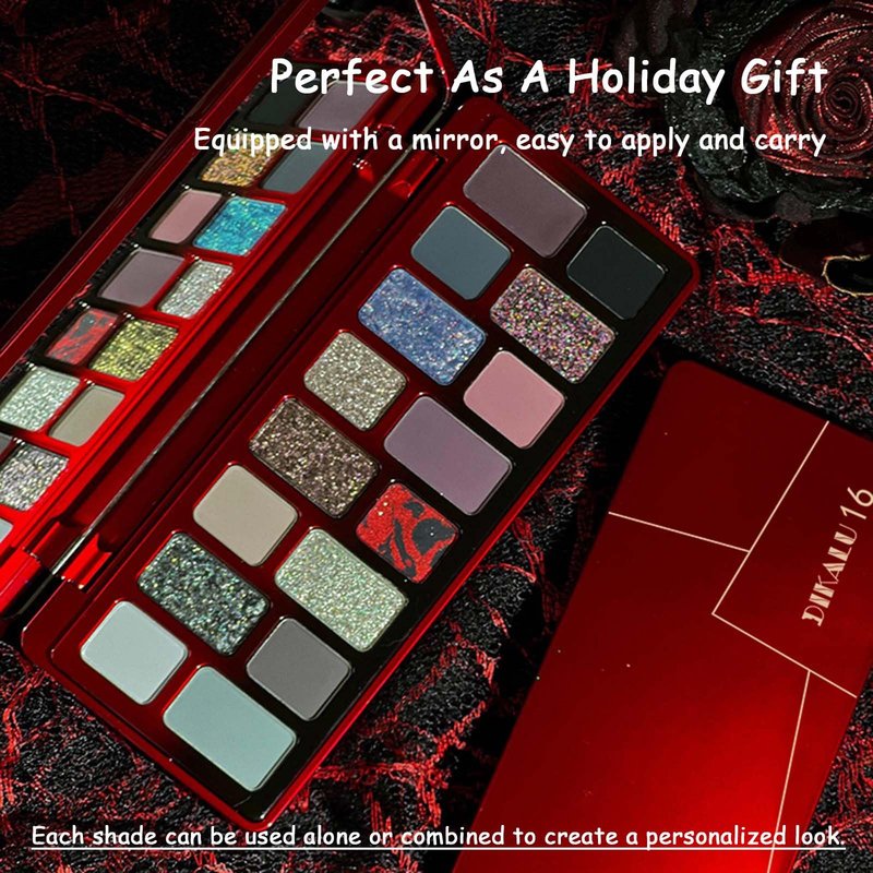 MeiPlumLai Goth Eyeshadow Palette 16 Colors Matte Metallic Shimmer Glitter Eye Shadow Pallet, Smokey Makeup Palette, Neutral Naked Brown, Red, Black Dark Eye Shadow Palette for Midnight Masquerade