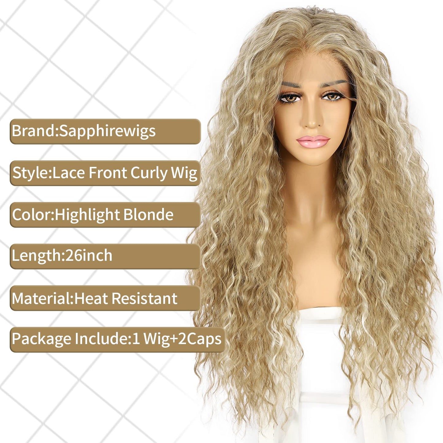 SAPPHIREWIGS Curly Lace Front Wigs Highlight Blonde Long Water Wave Synthetic Wig Pre-plucked Hairline Blonde for Black Women 26inch