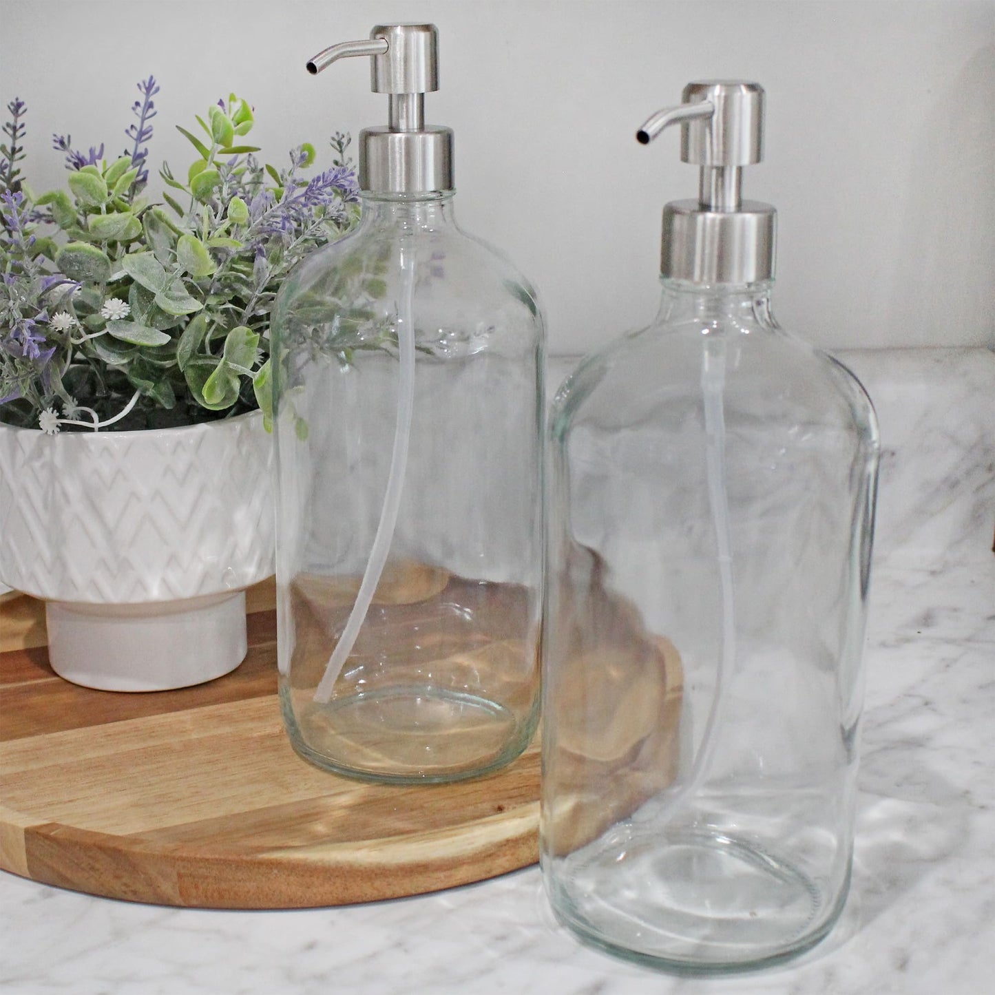 Cornucopia Brands 32oz Glass Pump Bottles w/Stainless Steel Pump (2-Pack, Clear); Economy Size Soap Dispenser for Massage Oils, Lotions, Liquid Soaps