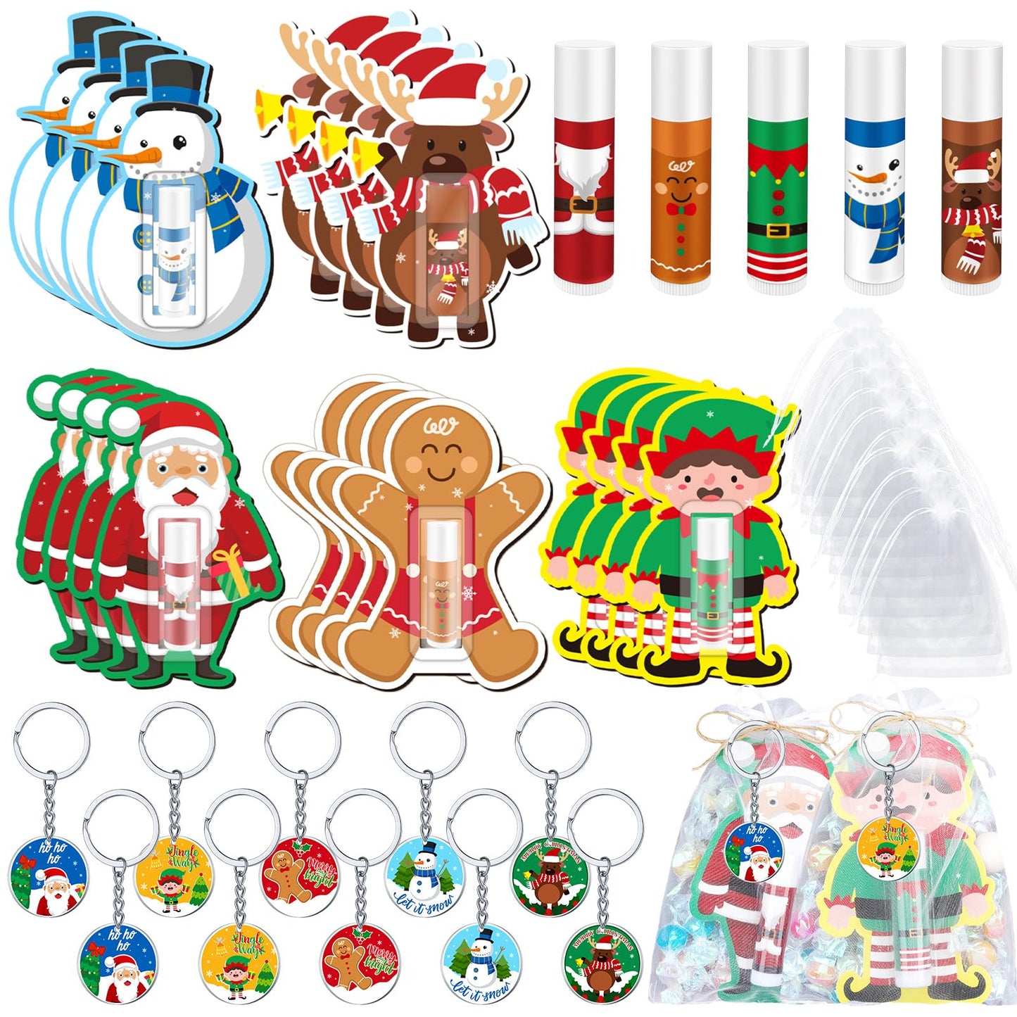Henoyso 150 Pcs Christmas Lip Balm Bulk Gifts Moisturizing Lip Balms Acrylic Keychains with Organza Bags for Xmas Holiday Treat Gifts Christmas Stocking Stuffers Women Party Supplies