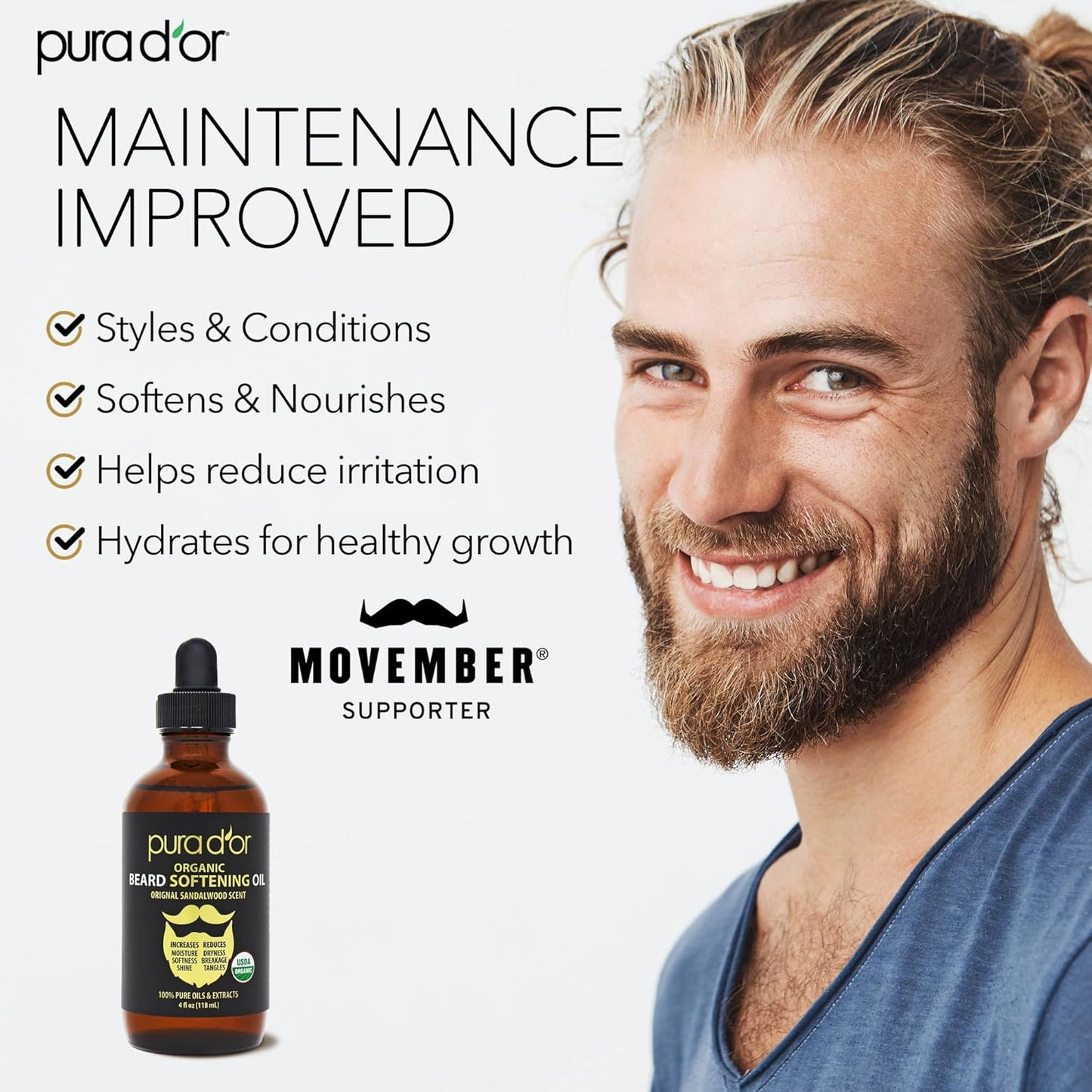 PURA D'OR Organic Beard Softening Oil - Sandalwood Scent | Argan & Jojoba Oil for Softness & Strength - 4 Oz