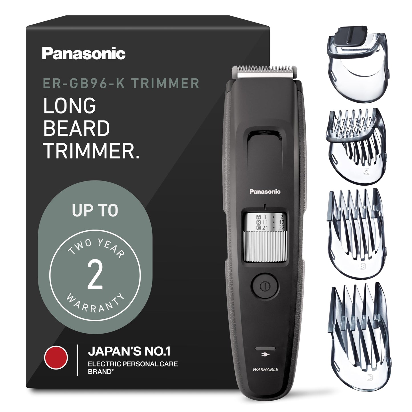 Panasonic Long Beard Trimmer for Men, 58 Length Settings and 4 Attachments to Cut and Detail, Corded or Cordless Beard Trimmer for Men – ER-GB96-K (Black)
