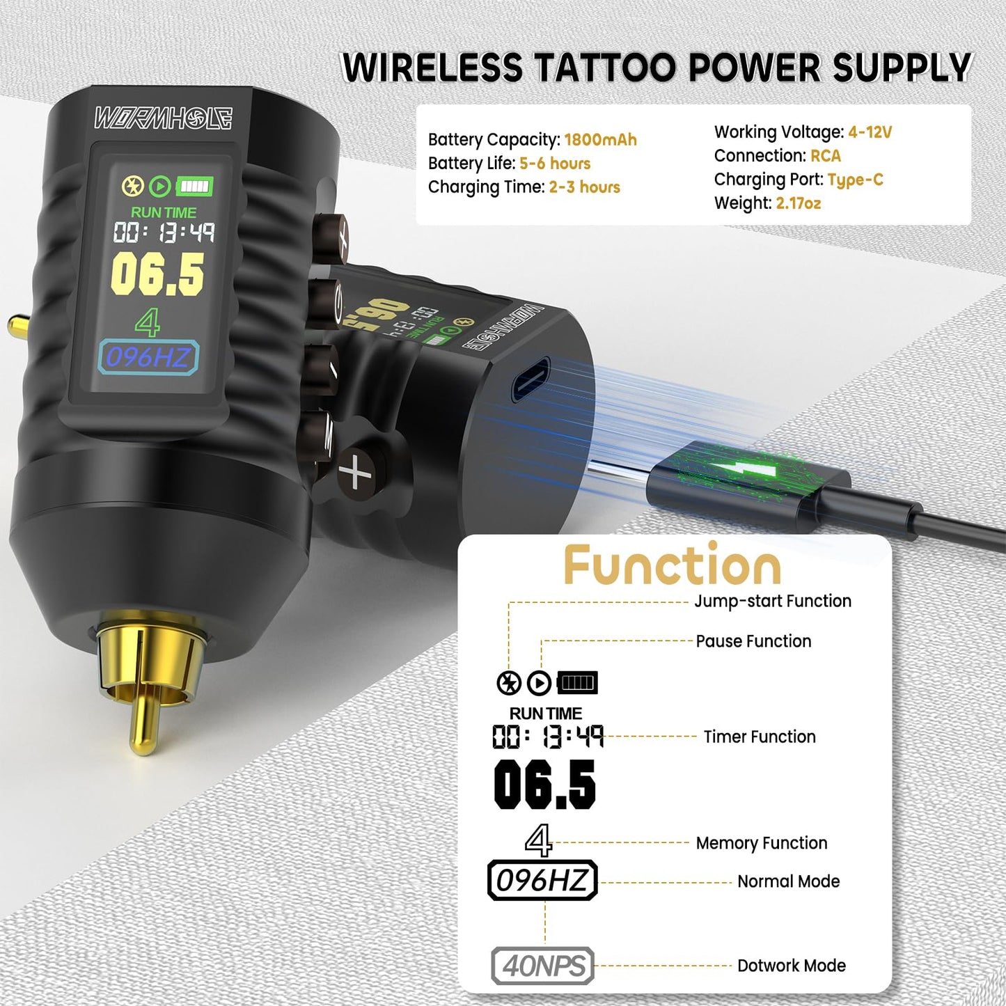 Wormhole Tattoo Gun 43pcs Tattoo Kit Wireless Tattoo Machine with Digital LED Display 1,800 mAh Battery Tattoo Cartridge Needles Tattoo Practice Pen Tattoo Supplies for Beginners WTK287 NEW