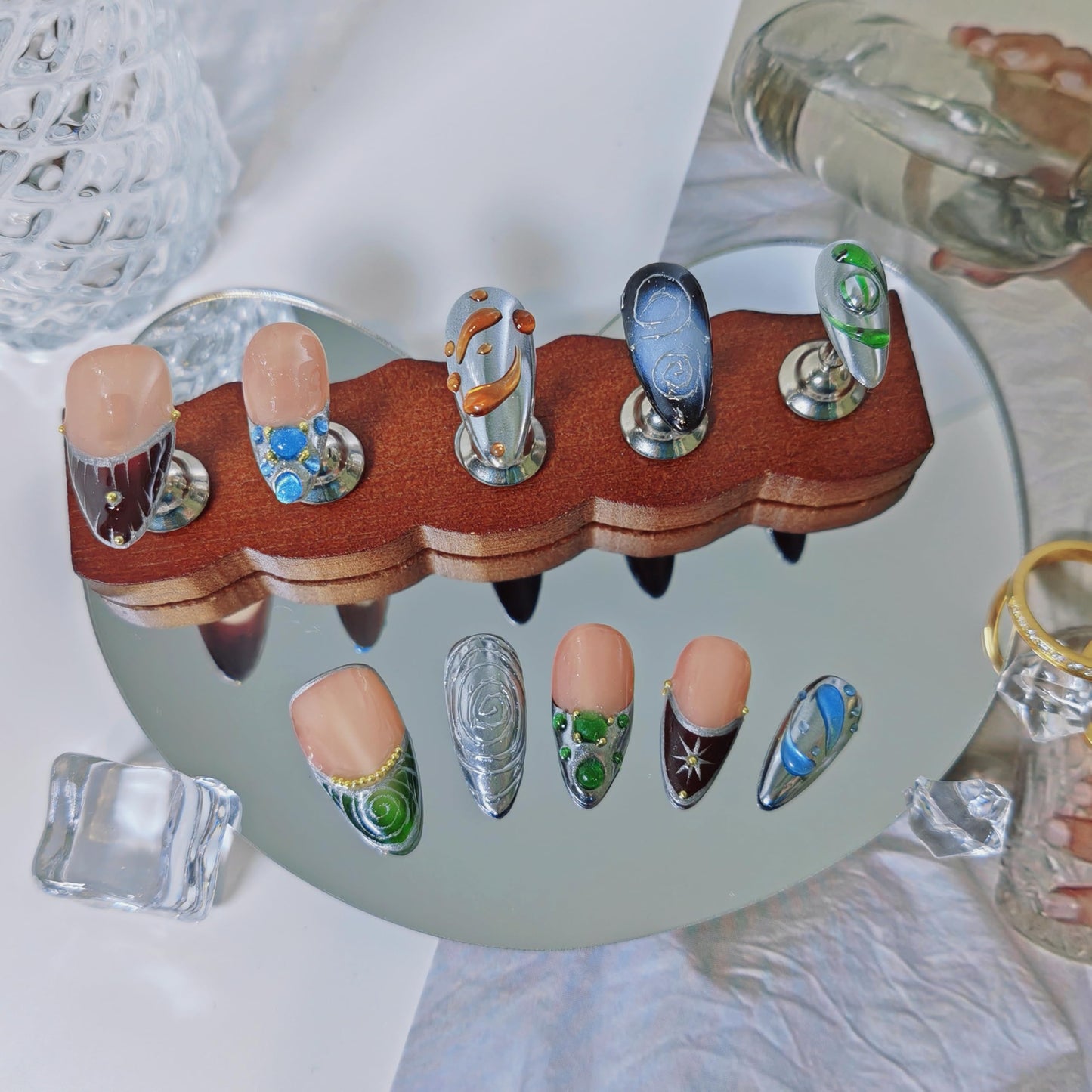 Almond Press on Nails Handmade Medium Long/Stiletto 3D Flower Fake Nail with Designs, Women Reusable False Nails (French Tip Silver, M)