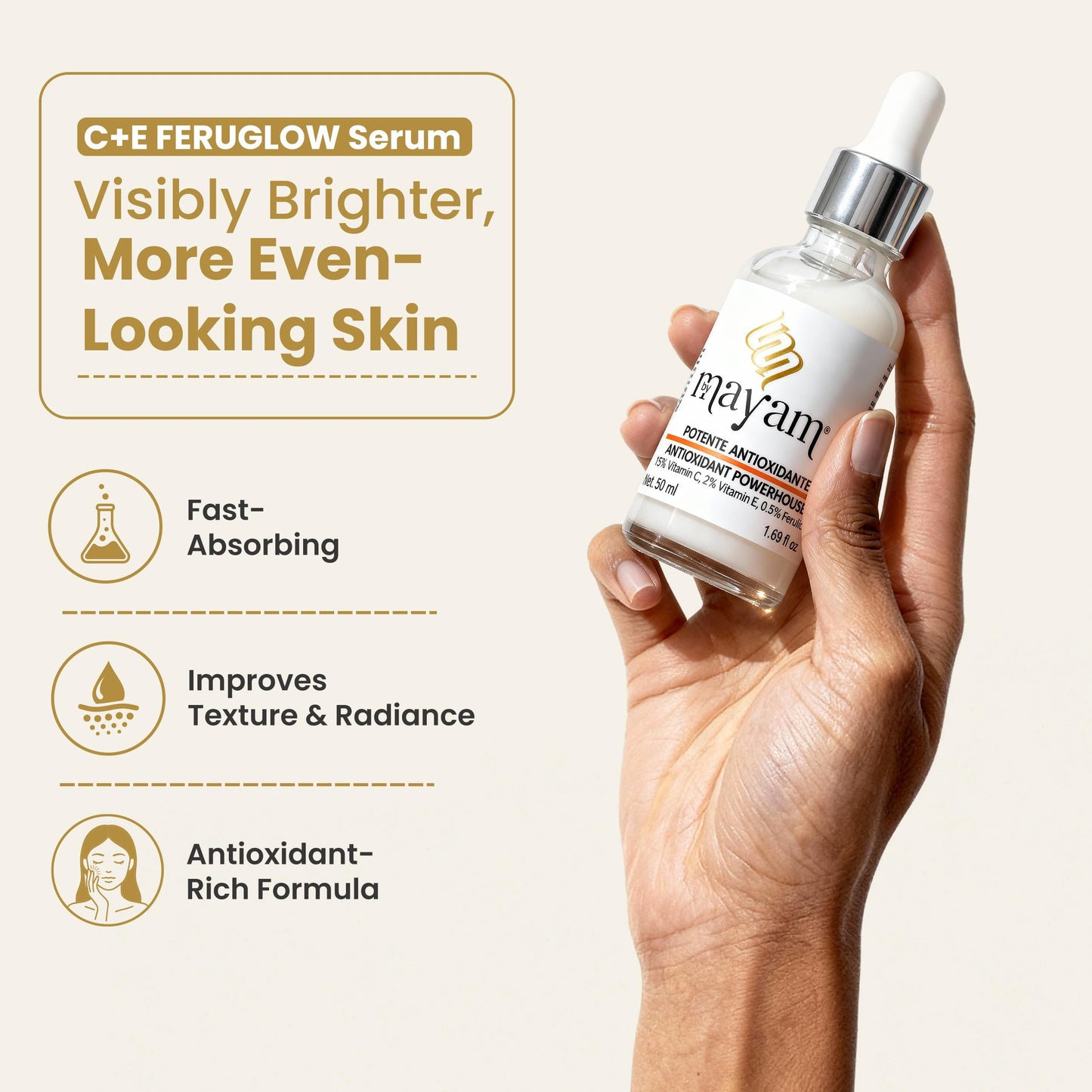Mayam Beauty Vitamin C Serum for Face, C+E FERUGLOW Brightening Face Serum with 15% Vitamin C, Vitamin E & Ferulic Acid, Dark Spot & Radiance Serum – 50ml