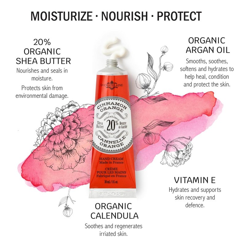 La Chatelaine Shea Butter Hand Cream - Organic Argan Oil & Vitamin E, Moisturizing Lotion | 1 oz / 30ml (Cinnamon Orange)