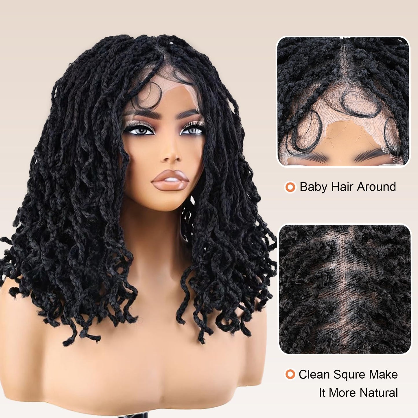 YOKABOOM Black Full Lace Box Braid Wig with Babyhair Natural Hairline 14 Inch Natural Wavy Box Braid Style Lace Braided Wig with Square Design for Black Women 1B