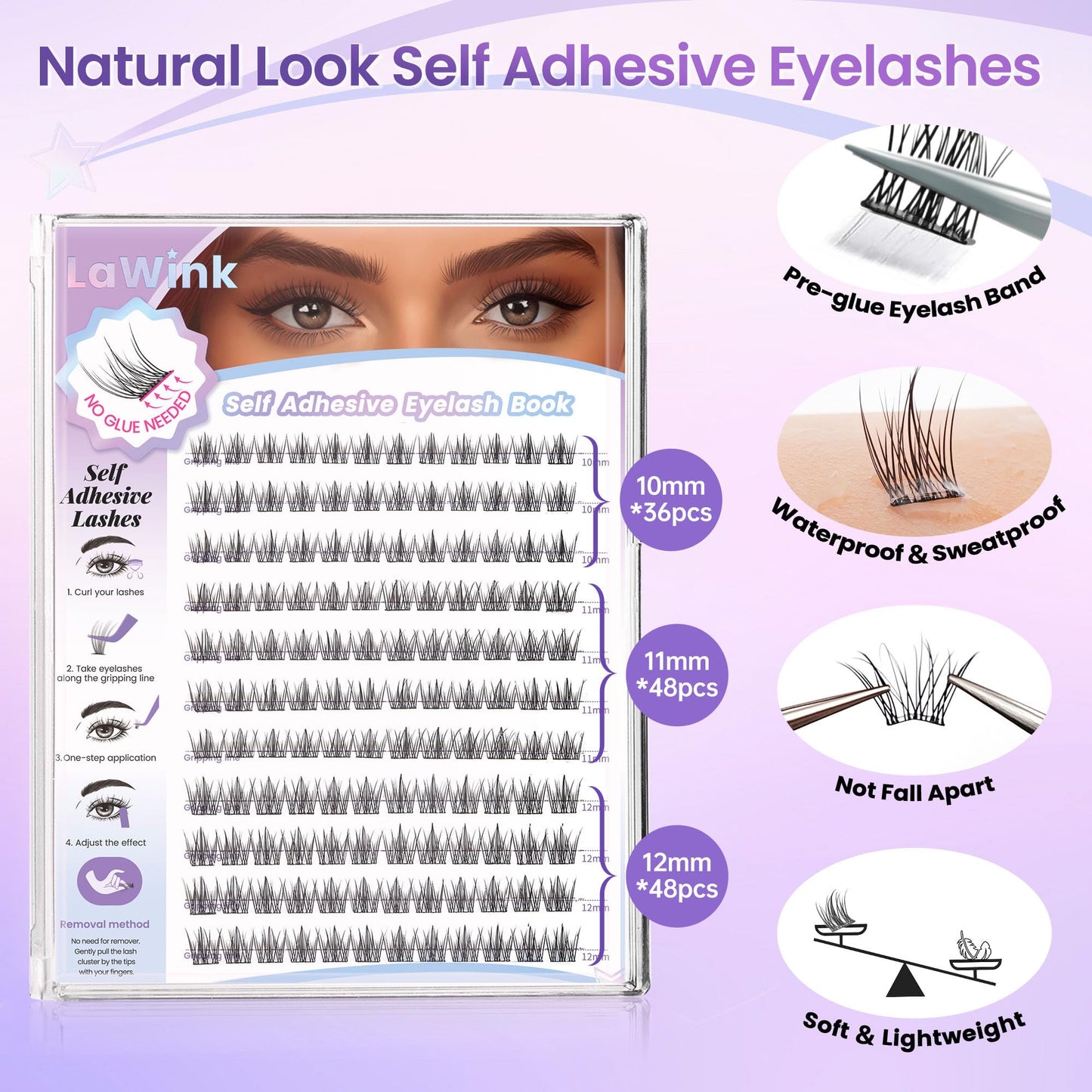 LAWINK Pre Glued Lash Clusters, 132PCS, 10-12MM, C-Curly