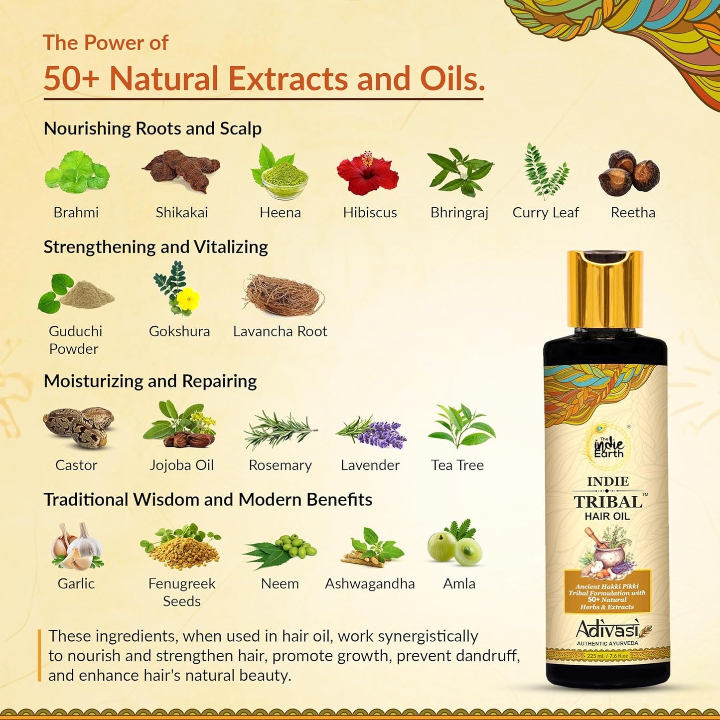 Indie Earth Tribal Adivasi Hair Oil - 50+ Natural Ingredients for Healthy Hair | Moringa, Bhringraj, Hibiscus & More