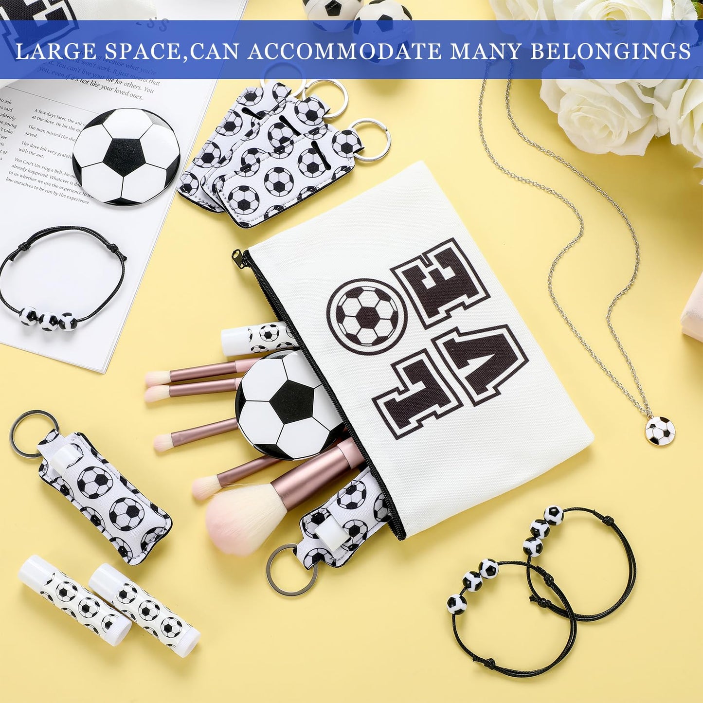 Yeyeplum 72 Pcs Soccer Team Gifts Party Favors Include 12 Makeup Bags 12 Lip Balm 12 Lip Balm Holder 12 Necklace 12 Adjustable Bracelet 12 Mirrors for Soccer Lovers Players Party Supplies