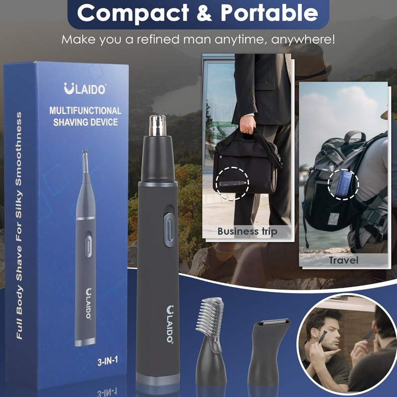 Nose Hair Trimmer for Men - Painless 3-in-1 Grooming Kit with Rechargeable Waterproof Heads | Easy Ear, Eyebrow & Body Hair Removal