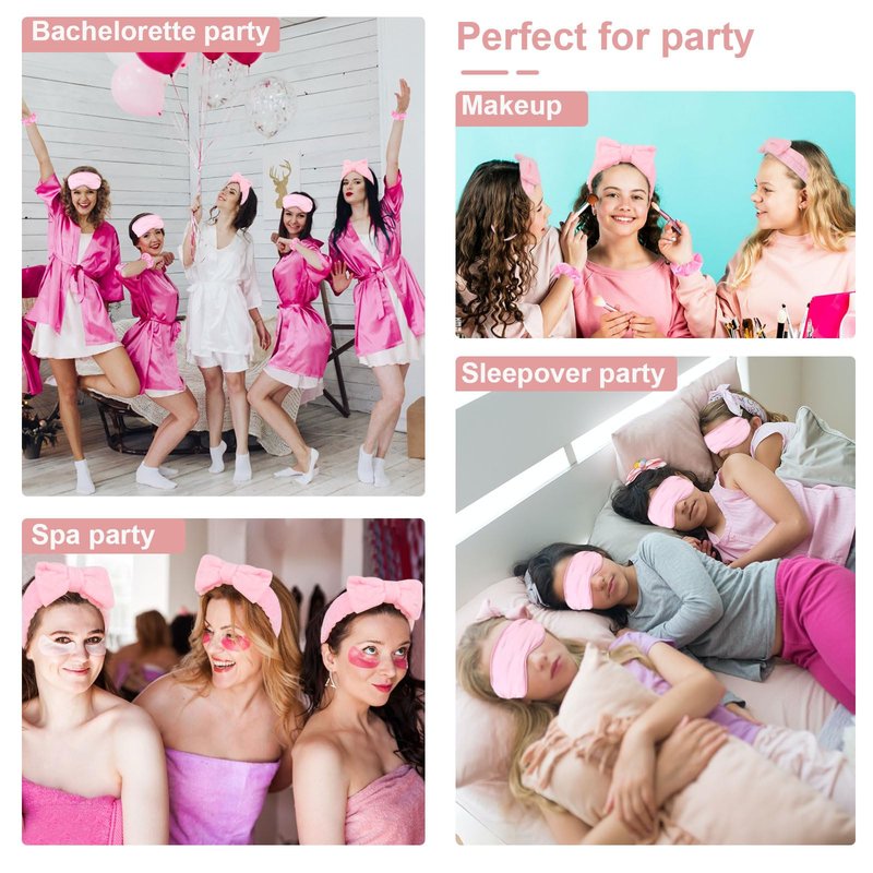 WHAVEL 18 Pcs Sleepover Party Supplies for Girls - Pink Party Favors Include 6 Spa Headband, 6 Silk Eye Mask and 6 Velvet Scrunchies for Spa Birthday, Bachelorette, Slumber (Pink)