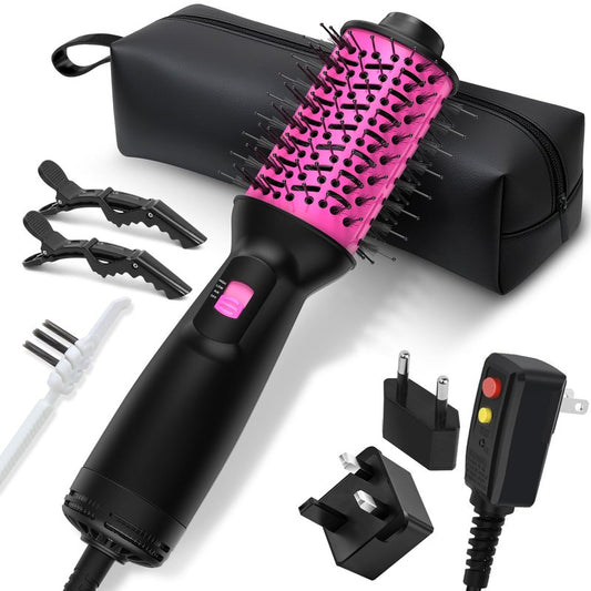 Dual Voltage Travel Hair Dryer Brush (100V-240V), Automatic Hot Air Brush with EU&UK Plug, 6 Inch Oval Barrel One Step Blow Dryer Brush and Negative Ion Anti-frizz Styling Brush（9″）