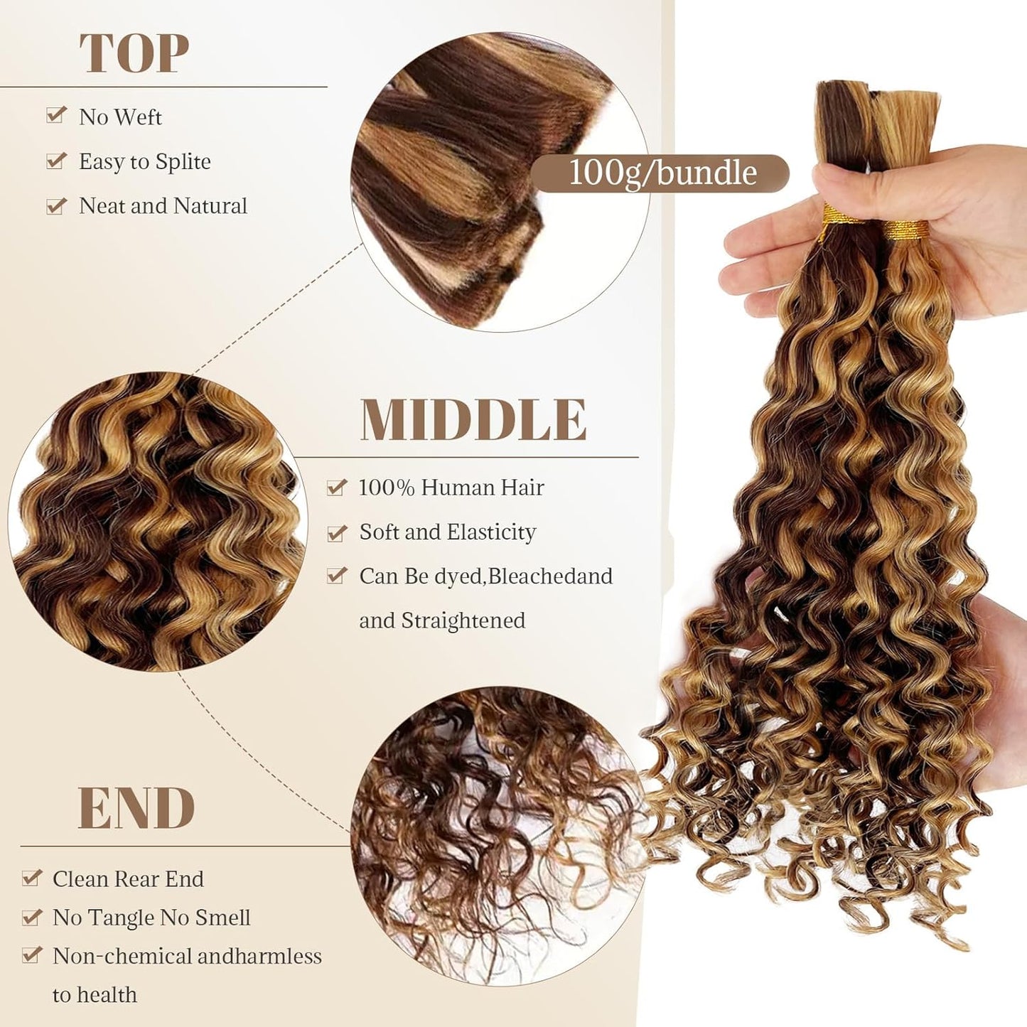 Human Braiding Hair - Ombre Blonde Curly Bulk 100G | 14 Inch Water Wave Braids, 2 Bundles