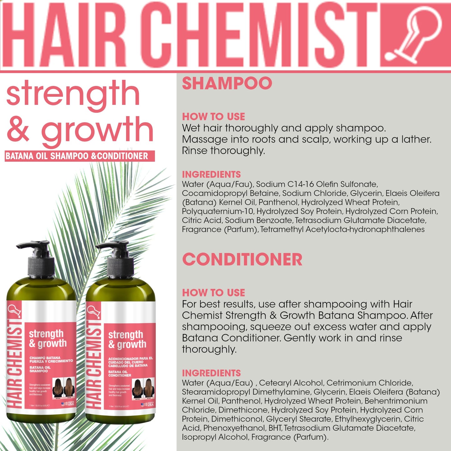 Hair Chemist Strength & Growth Batana Oil Shampoo and Conditioner Set 33.8 oz. (2-PC Set) - Batana Shampoo and Conditioner for Hair Growth, Thickening and Strength