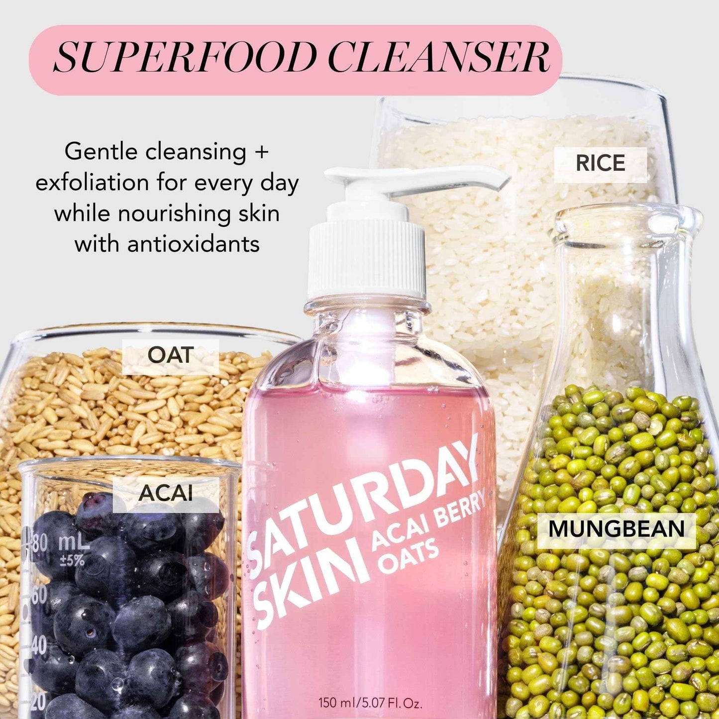 Saturday Skin Hydrating Gentle Facial Gel Cleanser Makeup Remover Sensitive Skin Face Wash Antioxidant Vitamin Brightening Smoothing | Korean Skin Care CICA Acai Berry Oats