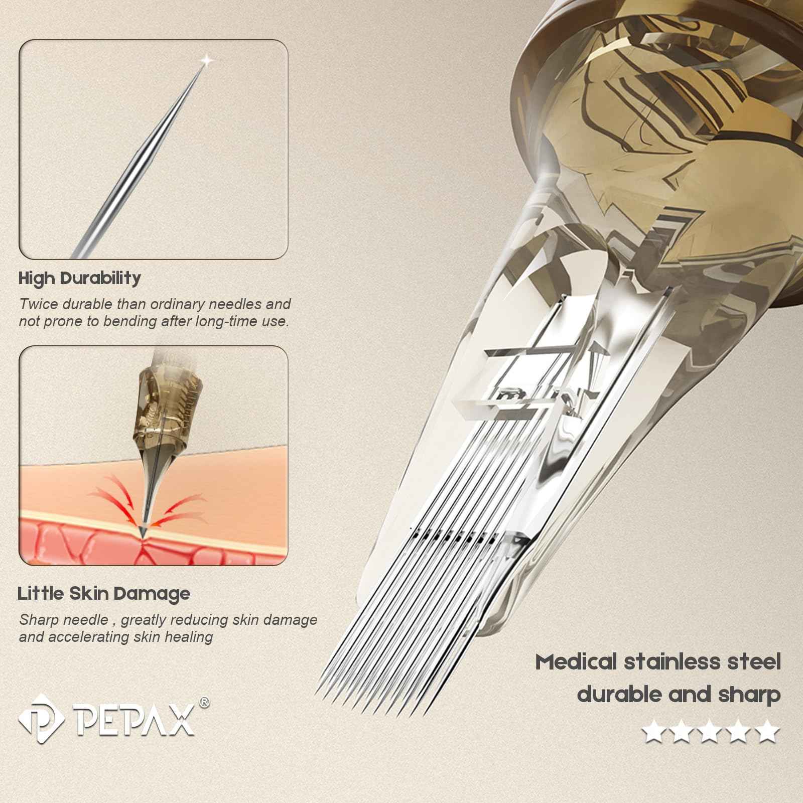 PEPAX Lance Tattoo Needles Cartridge 1003RLL - 20Pcs Tattoo Cartridge Needles #10 Standard 3 Round Liner Tattoo Cartridges Diameter 0.30mm Long Taper 5.0mm Safety Membrane Permanent Makeup Machine