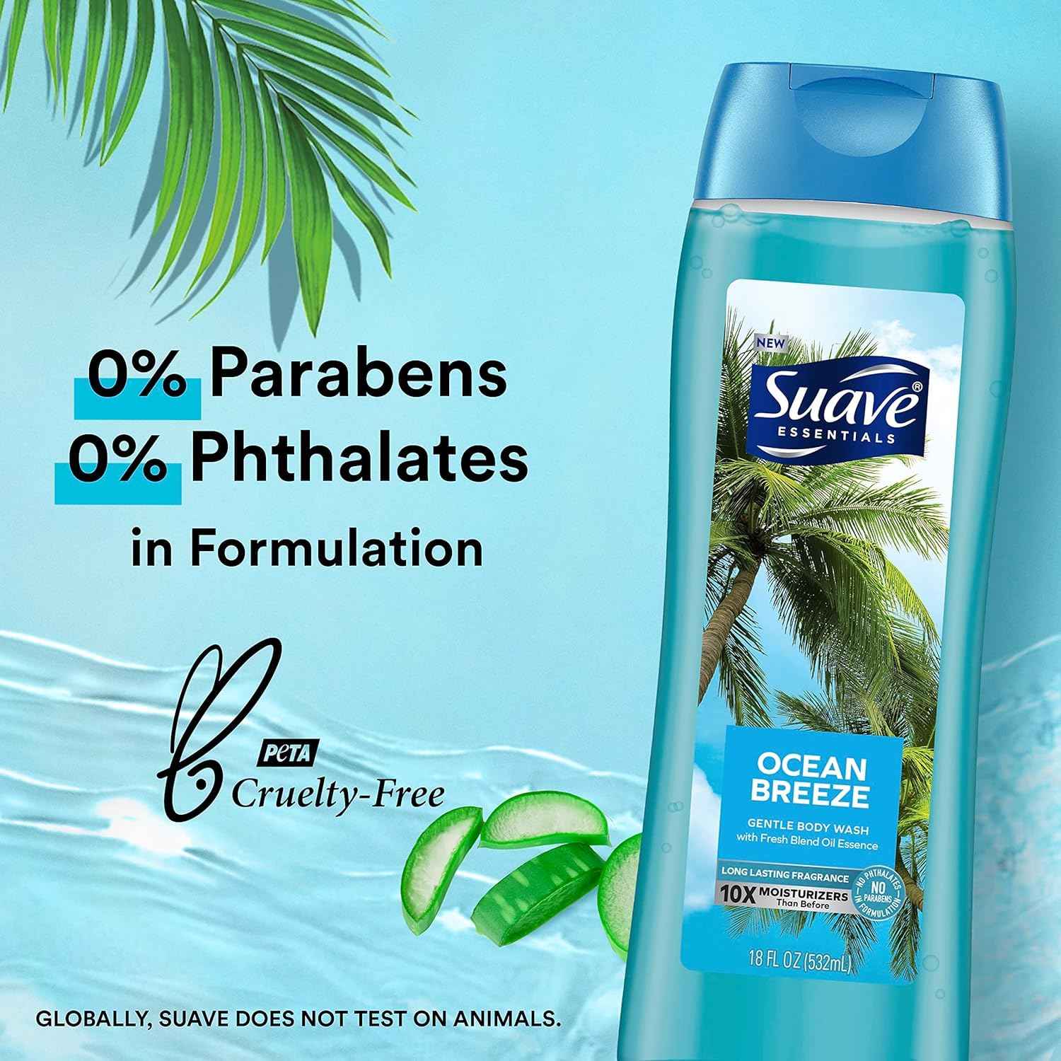 Suave Moisturizing Body Wash, with Ocean Breeze Scent and Vitamin E Extract, No Parabens, No Phtahaltes, 18 Oz Pack of 6
