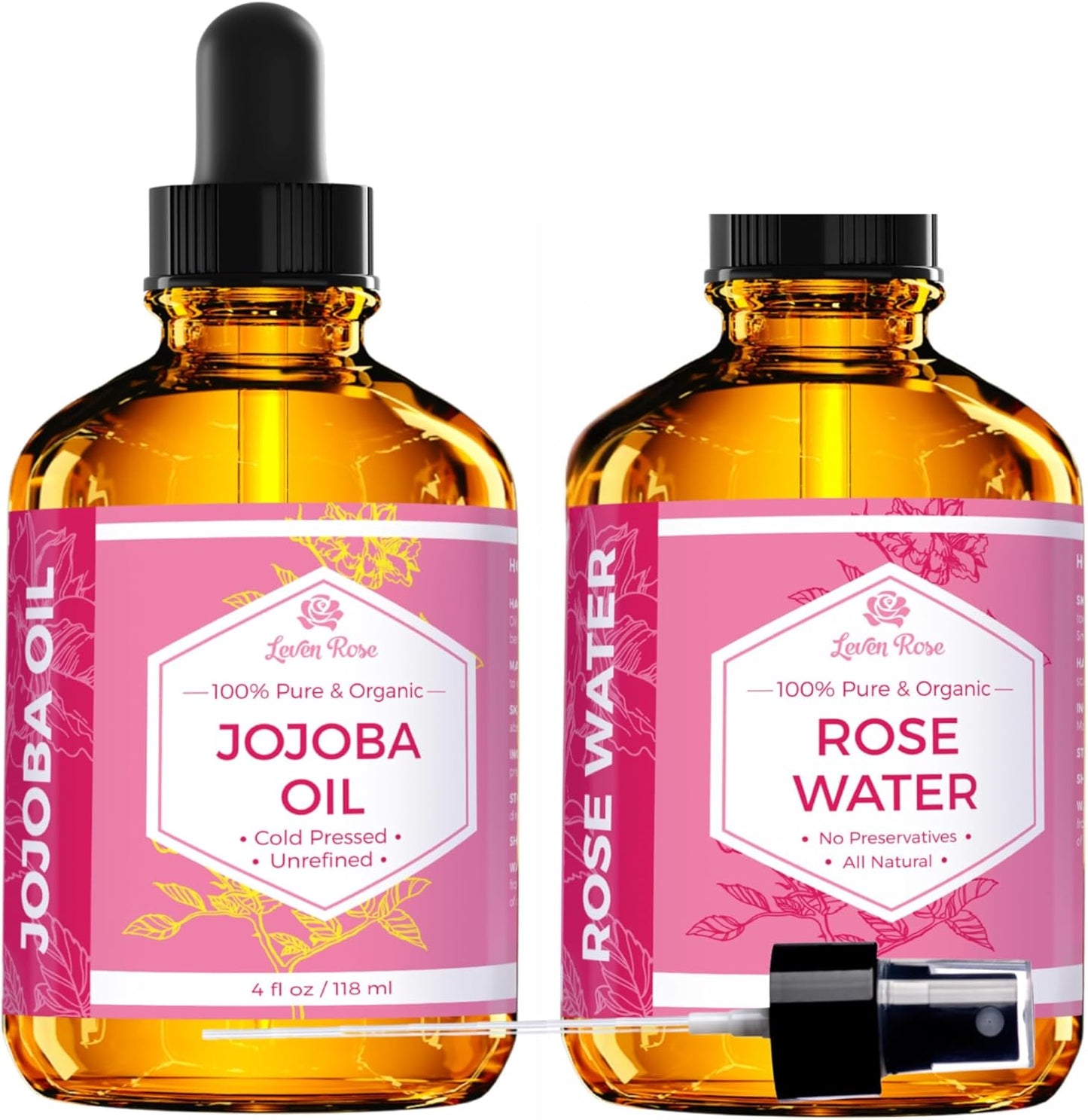 Jojoba Oil & Rose Water Facial Toner Bundle - Hydrating Moisturizer for Skin, Hair, Body & Nails | 4 oz Each