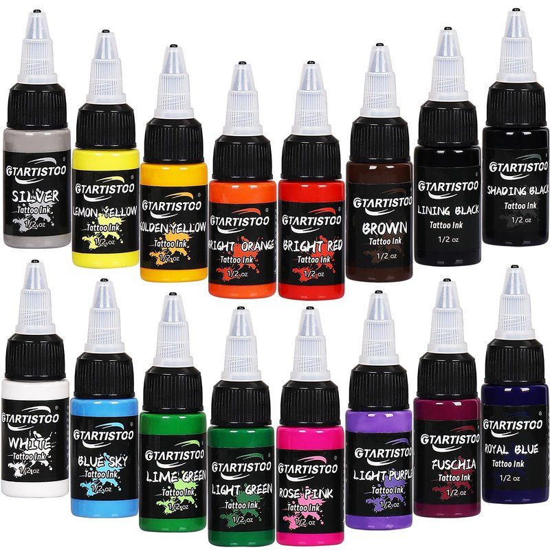 GTARTISTOO Tattoo Ink Set 16 Colors 1/2 oz (15ml) Professional Vegan-Friendly Tattoo Pigment Supplies Kit Color Inks for Beginners