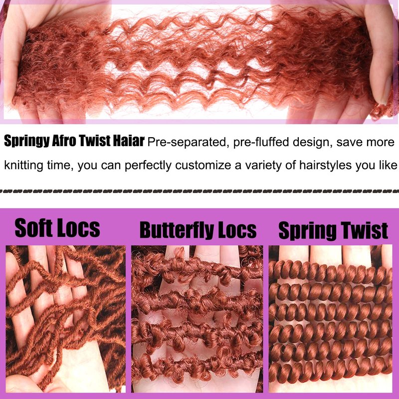 ZRQ 24 Inch Springy Afro Twist Hair 8 Packs Wine Red Marley Crochet Braiding Hair For Distressed Locs Synthetic Pre-Separated Spring Twist Hair Extension For Black Women 8 Strands/Pack (BUG#)