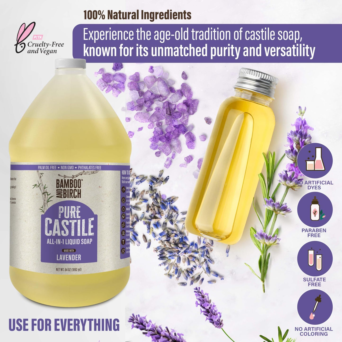 BAMBOO AND BIRCH Pure Castile Soap Liquid, Certified Palm Oil Free Natural Soap, Lavender, 1 Gallon