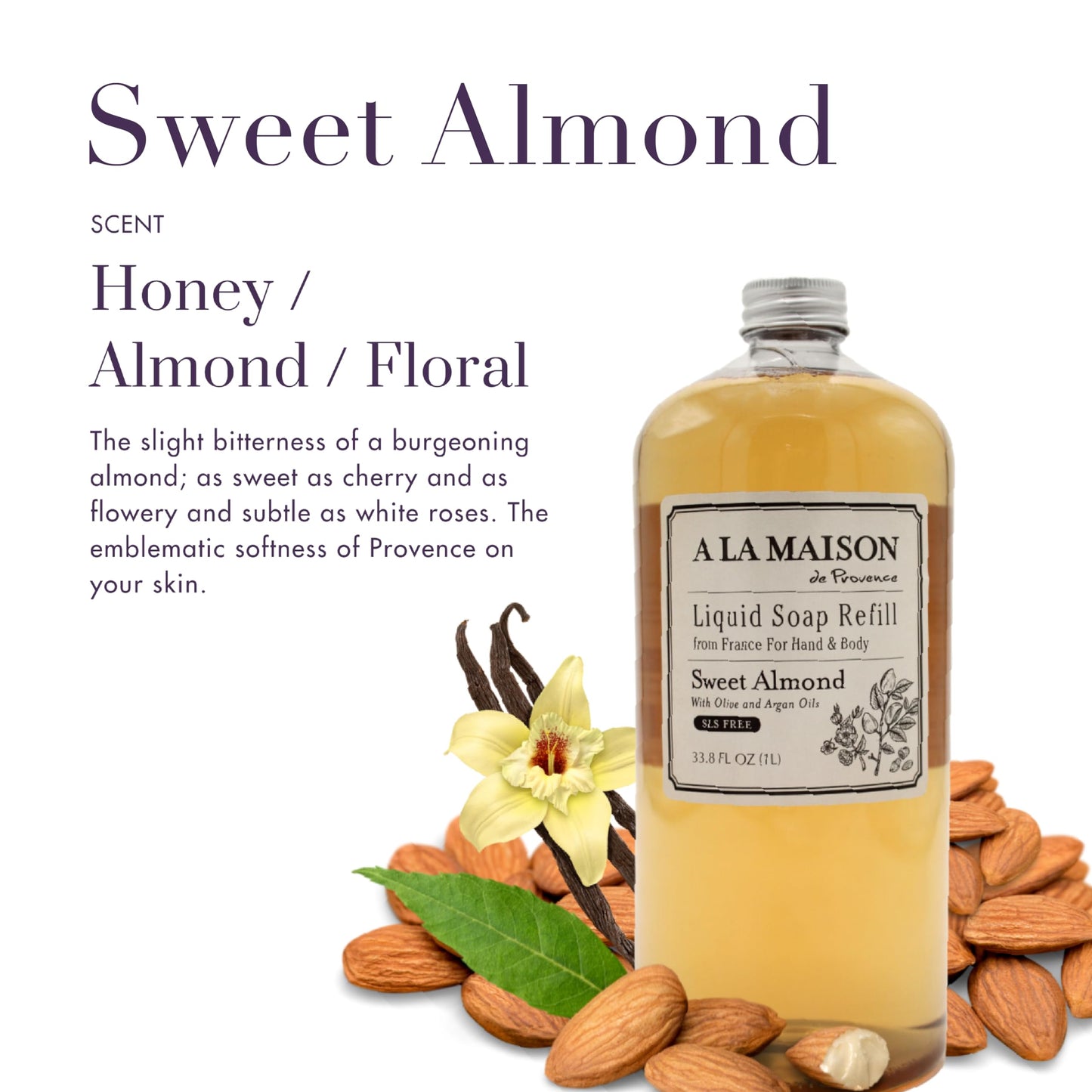 A LA MAISON Sweet Almond Natural Hand Wash Made with Essential Oils - Biodegradable, Plant-Based, Vegan, Cruelty-Free (33.8 Fl Oz Refill, 2 Pack)