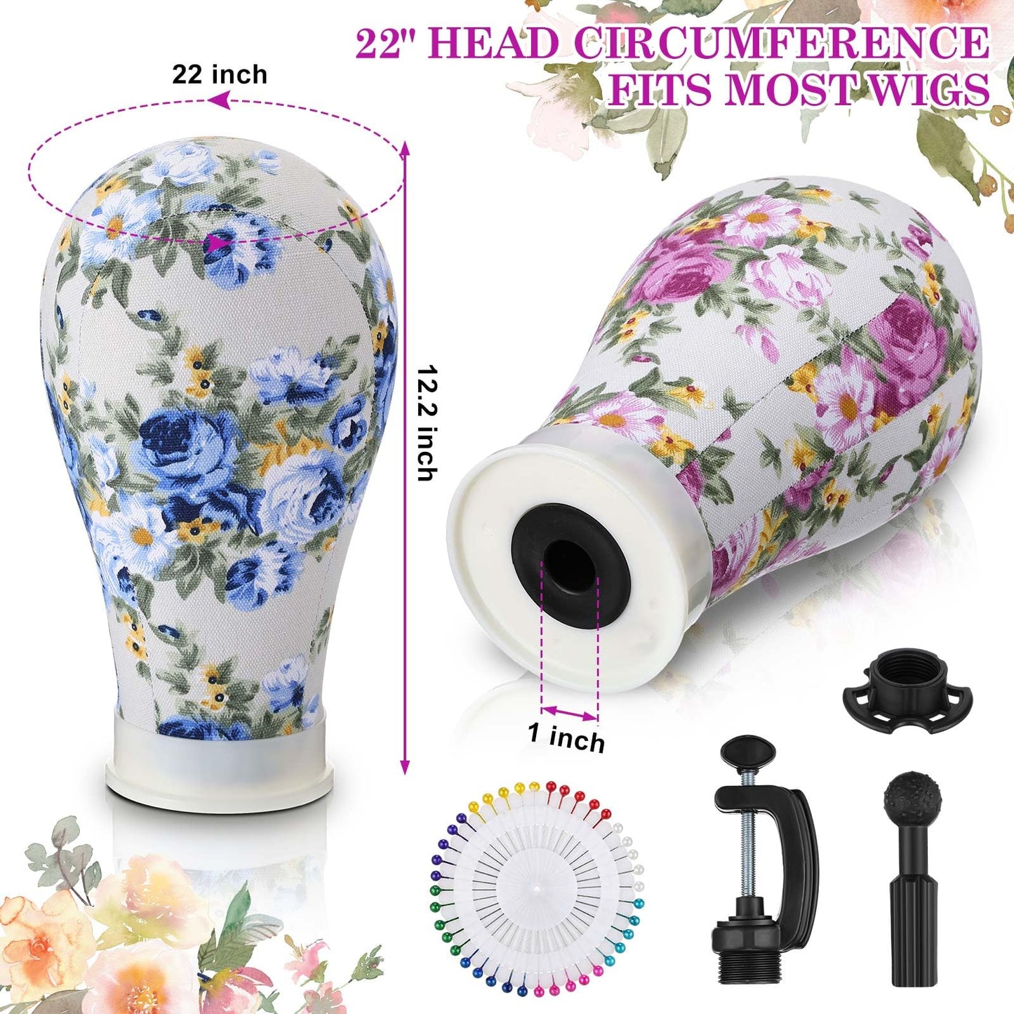 DoubleFill 2-Piece Mannequin Heads for Wigs - 22 Inch Canvas Wig Heads with Mount Hole Pins & 2 C Clamp Stand Holder for Lace Wig Making & Display (Floral)