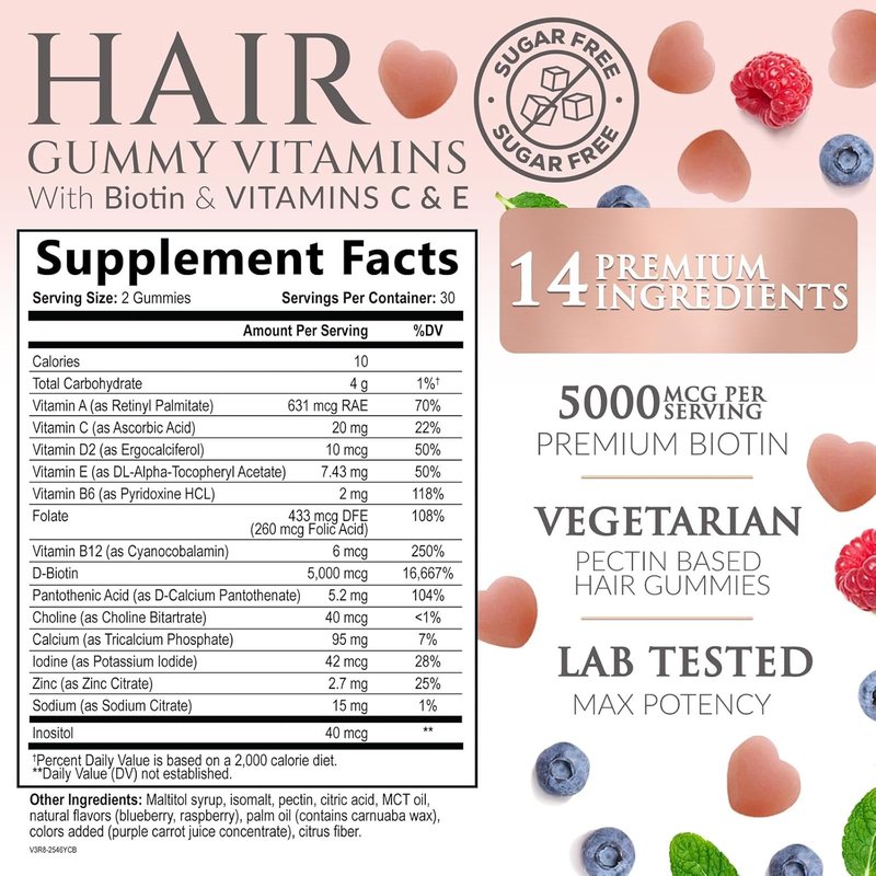 Hair Vitamins Gummies - Sugar Free Biotin 5000 mcg for Hair Growth | Supports Strong Hair & Nails - 60 Vegetarian Gummies