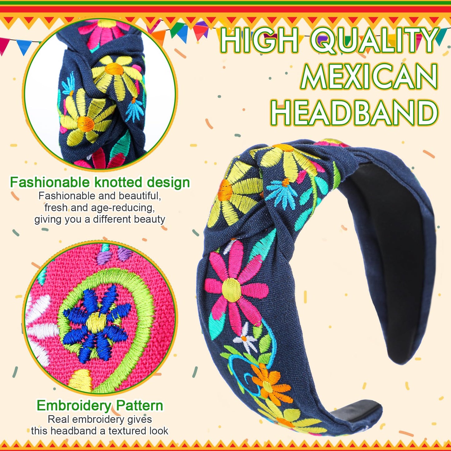 Hoteam 4 Pcs Mexican Embroidery Headband for Women Cinco De Mayo Embroidery Flower Stripe Knotted Wide Headband for Girls Party Gifts Outfit, Day of the Dead, Mexican Independence Day(Flower)