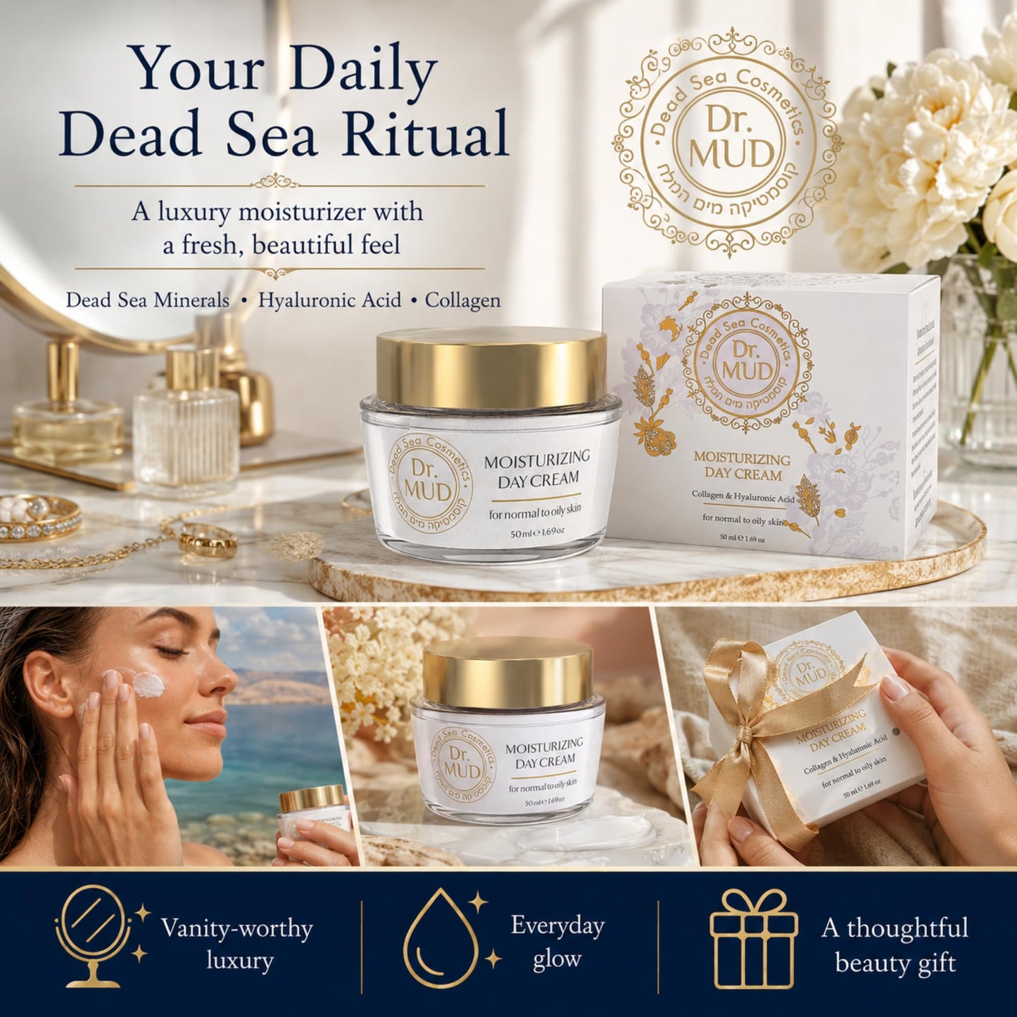 Dr.MUD Premium Moisturizing Day Cream for Normal to Oily Skin, Luxurious Dead Sea Mineral Face Moisturizer with Hyaluronic Acid, Collagen, Vitamin E, Green Tea and Aloe Vera, 50 ml
