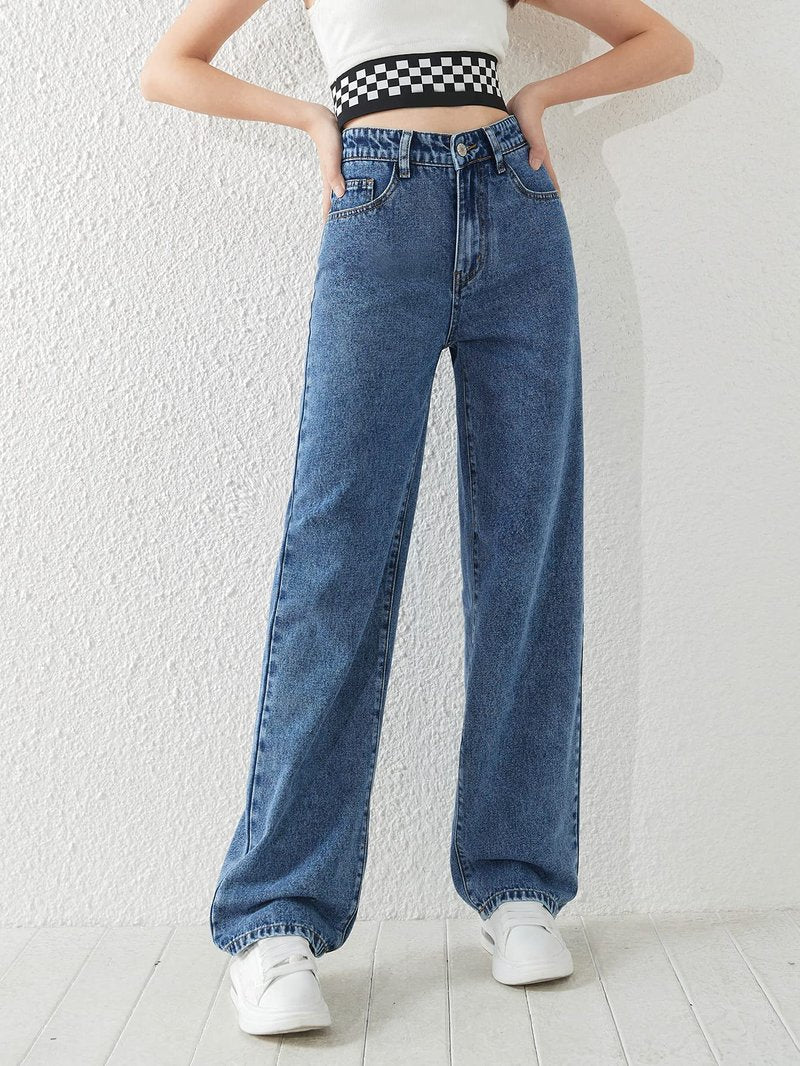 SweatyRocks Girl's Casual High Waist Solid Denim Pants Stretchy Flare Leg Jeans with Pocket Medium Wash 10-11Y