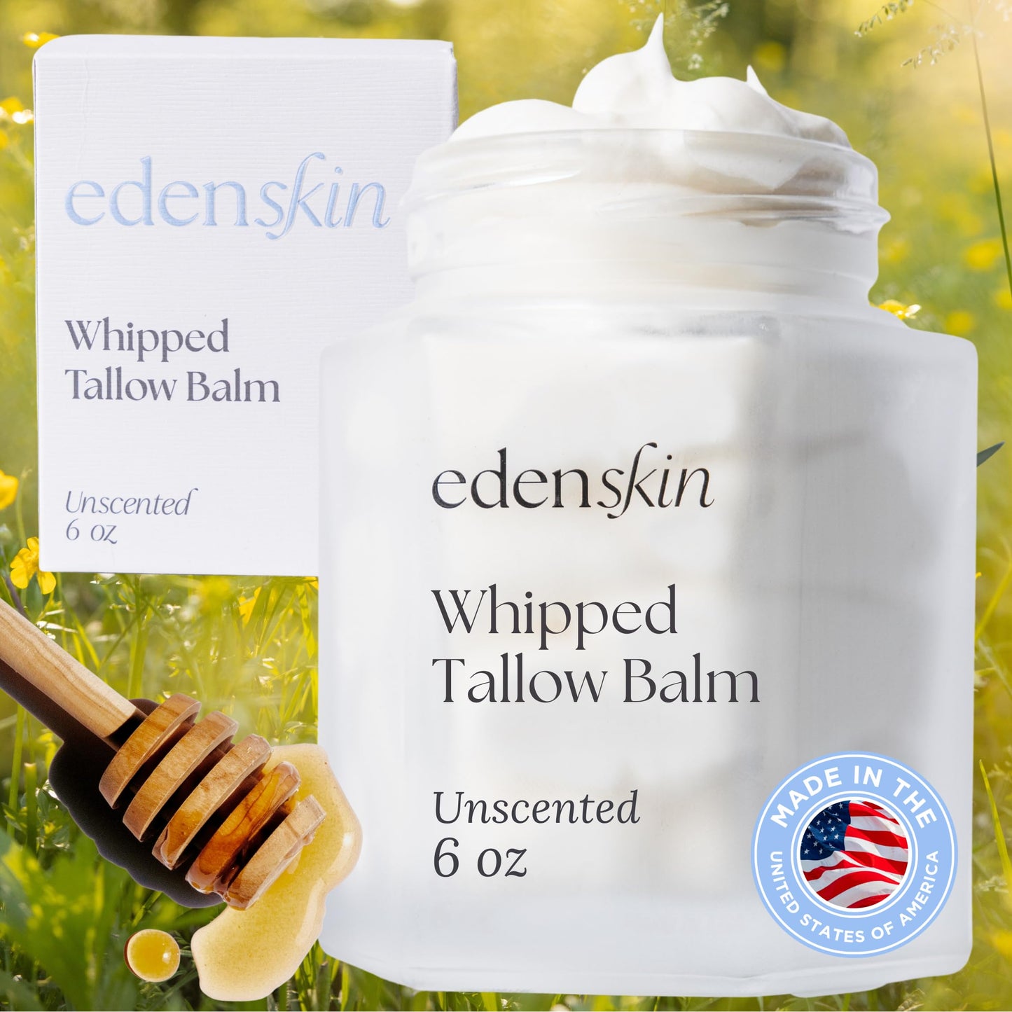 EDEN SKIN Grass Fed Beef Tallow for Skin, 6oz - Unscented Tallow and Honey Balm for Face & Body w/Jojoba Oil, Vitamins A, D, E, K & Antioxidants - Whipped Tallow for Moisturizer