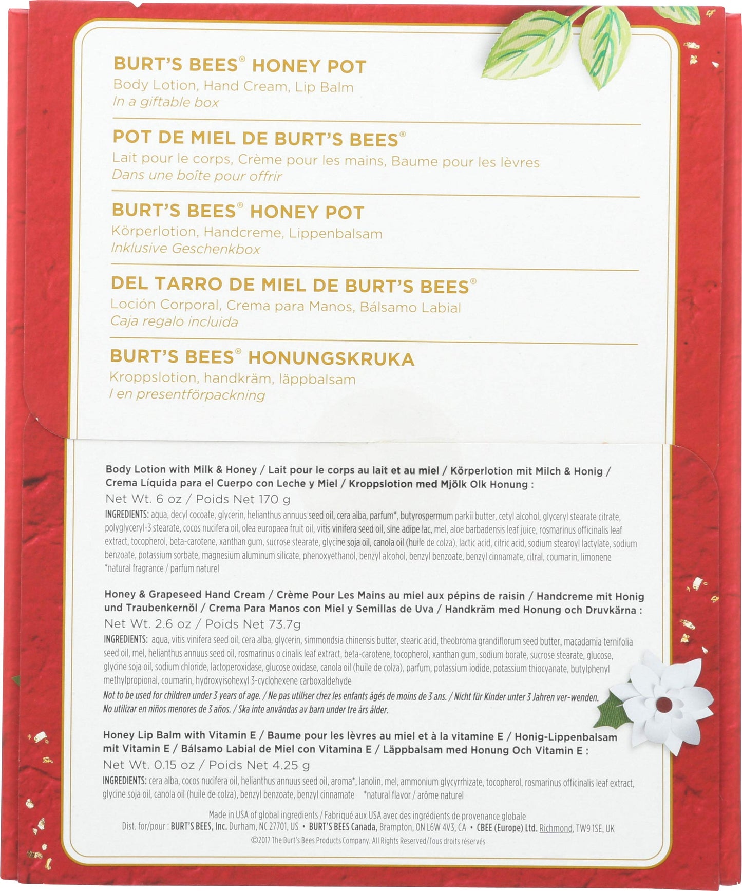 Burt's Bees Honey Pot Gift Set, 3 Honey Skin Care Products - Milk & Honey Body Lotion, Honey & Grapeseed Hand Cream and Honey Lip Balm
