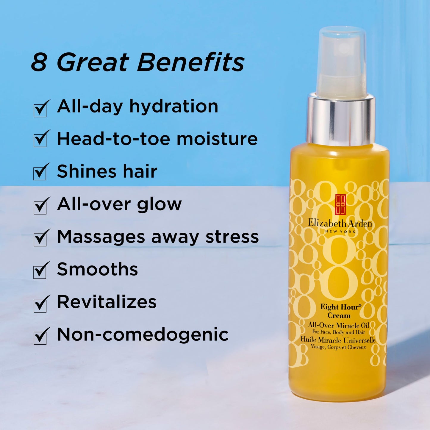 Elizabeth Arden Eight Hour All-Over Miracle Oil, Hydrating Spray Moisturizer for Face, Body & Hair, Vitamin E & Tsubaki Oil, Non-Comedogenic, Lightweight, 3.4 oz