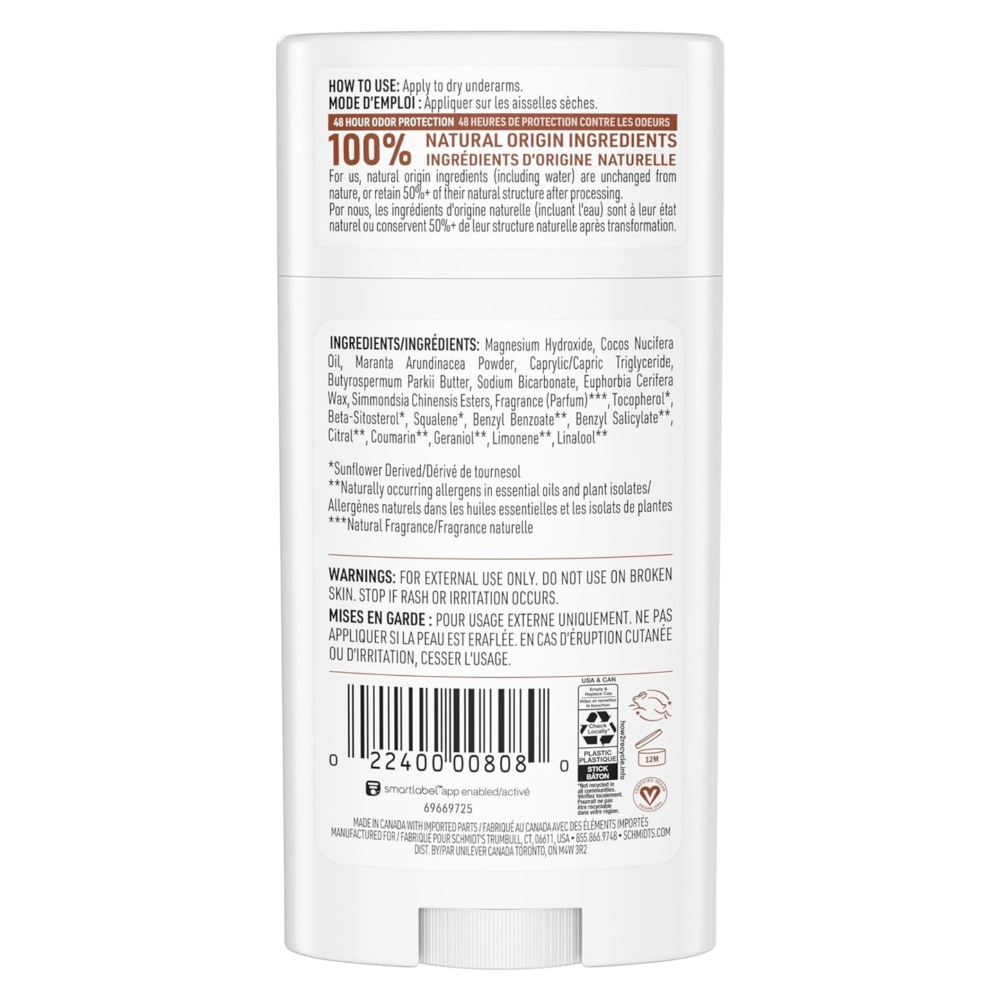 Schmidt's Vegan Deodorant - Aluminum-Free Sandalwood & Citrus | 24-Hour Odor Protection, 2.65 oz
