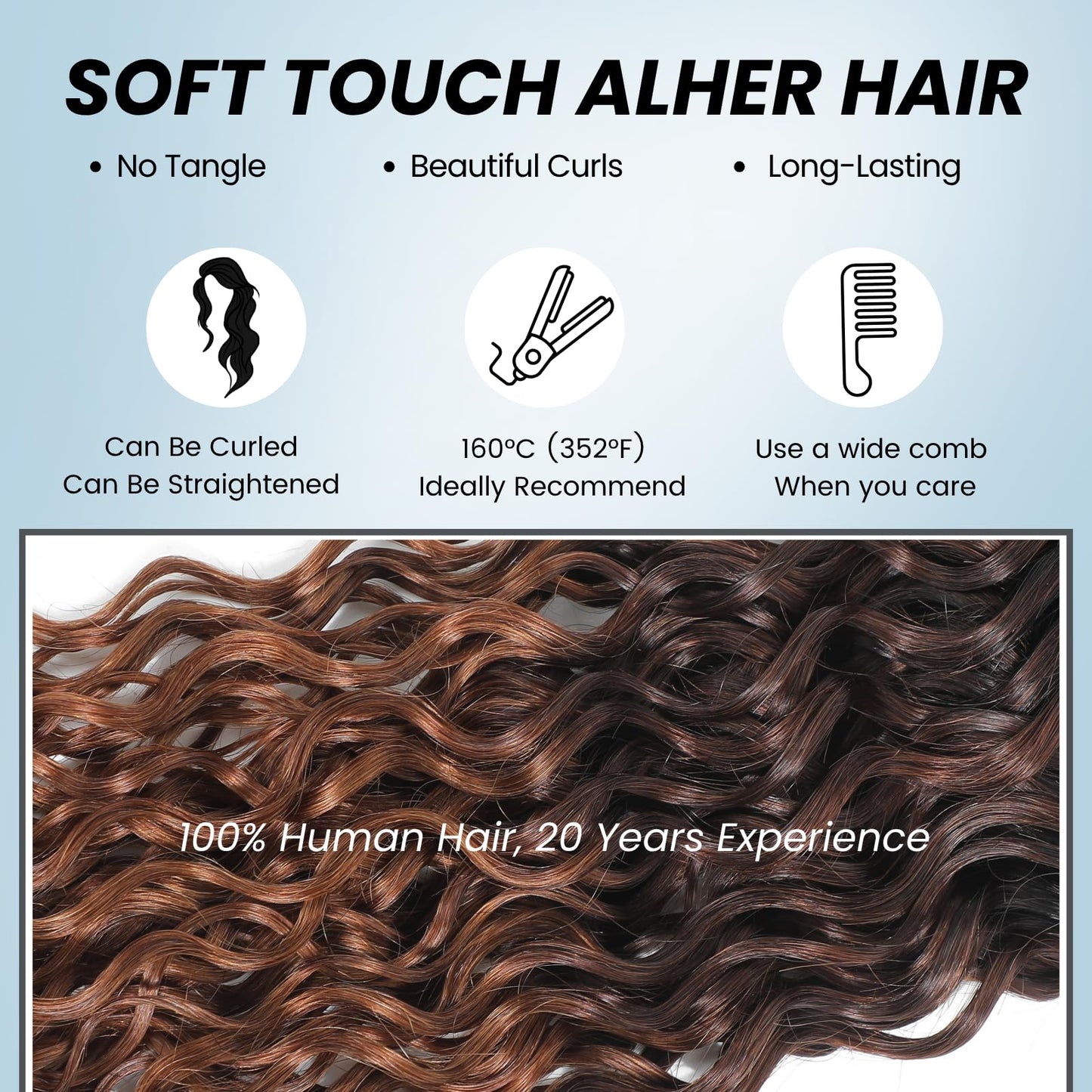 ALHER 12A Ombre Human Hair Bundles Water Wave, Soft Thick Chestnut Brown Ombre Single Curly Bundle Wet and Wavy 100% Virgin Remy Human Hair for Black Women #T1B/2/30 Dark Roots Auburn Sew In 12 Inch
