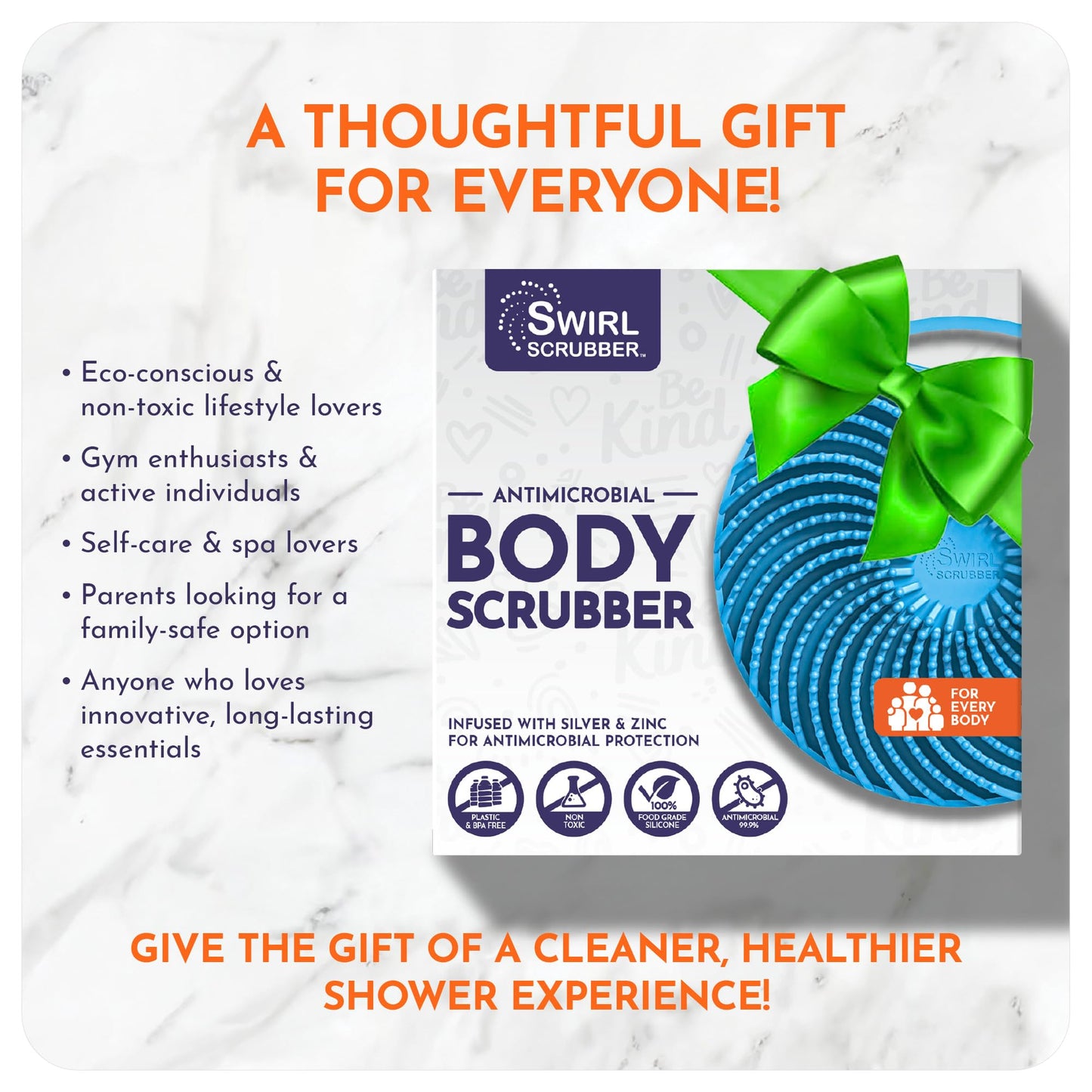 Swirl Scrubber: Antimicrobial Silicone Body Scrubber - Blue - Shower Hanger & Sticker, Lymphatic Support, Deep Exfoliation-Cleansing, Family Hygiene