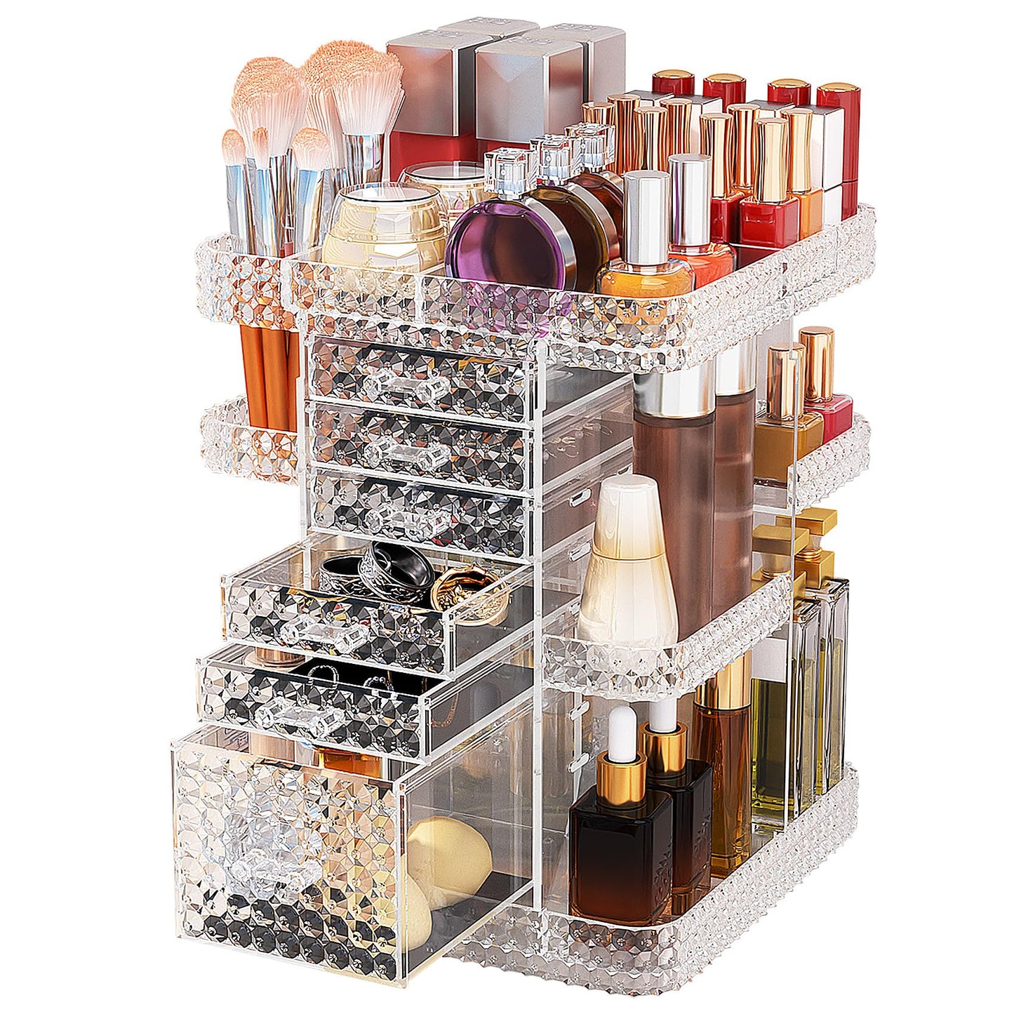 BOCONY 360 Rotating Makeup Organizer for Vanity, Large Skin Care Organizer with 6 Drawers Clear Acrylic Cosmetic Organizer Adjustable Spinning Makeup Storage Perfume Organizer for Dresser (Clear)