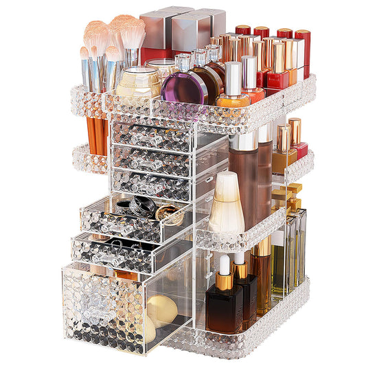 BOCONY 360 Rotating Makeup Organizer for Vanity, Large Skin Care Organizer with 6 Drawers Clear Acrylic Cosmetic Organizer Adjustable Spinning Makeup Storage Perfume Organizer for Dresser (Clear)