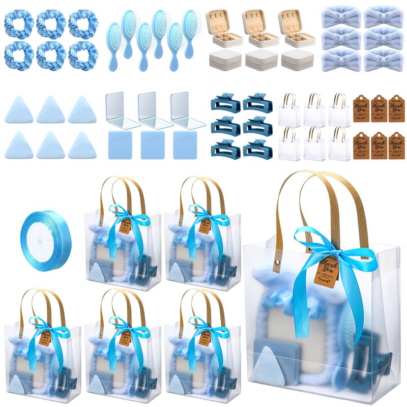 Knitgrip 55pcs Baby Shower Prizes for Winners Gifts Including Headband Hairbrush Jewelry Box Compact Mirror Powder Puff Hair Tie Claw Gift Bag for Game Baby Wedding Bridal Shower(Blue)