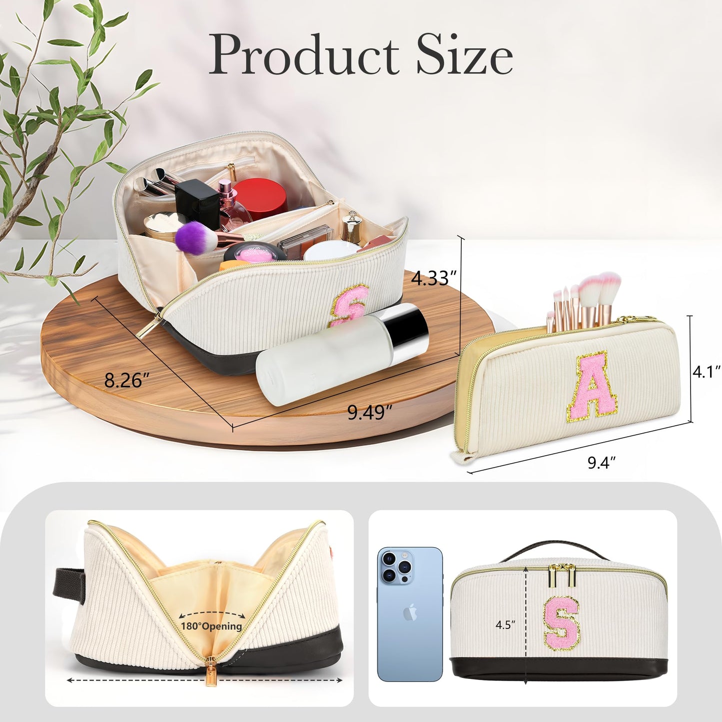 2pack Personalized Initial Travel Makeup Bag,Leather Waterproof Large Capacity Cosmetic Bags,Monogram Open Flat Toiletry Bag Make up Organizer Perfect for Women,Teen Girls,Birthday Gifts(Black M)